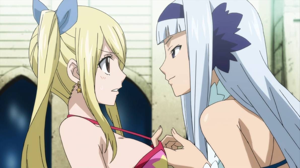 2girls angel_(fairy_tail) bare_shoulders bikini bikini_pull bikini_top blonde_hair breasts fairy_tail female_focus female_only grey_hair hair_ornament imminent_kiss long_hair lucy_heartfilia multiple_girls pink_bikini screencap sideboob smile smiling_at_another sorano_aguria swimsuit white_bikini yuri