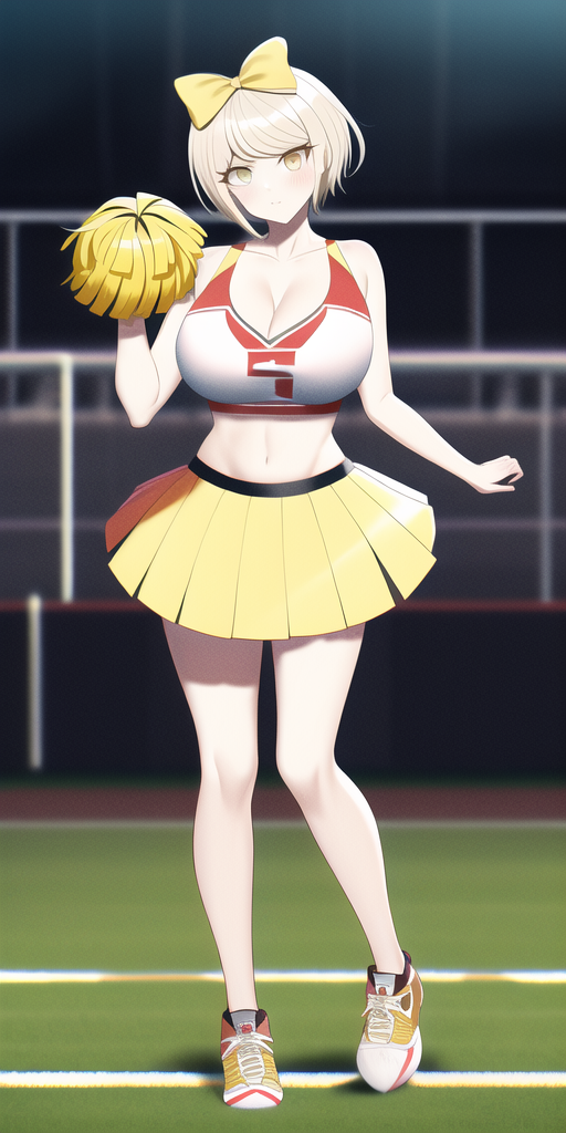 ai generated, big breasts, blonde hair, blush, breasts, cheerleader, danganronpa, danganronpa ultra despair girls, female, hair ribbon, huge breasts, kanon nakajima, midriff, n.c.b ai, nai diffusion, outside, short hair, skirt, stable diffusion, yellow eyes