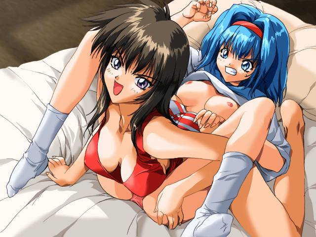 2girls asgaldh asgaldh_the_distortion_testament blue_eyes blue_hair breasts brown_hair clothed_female f-force female game_cg light-skinned_female long_hair looking_at_viewer multiple_girls on_bed on_top on_top_of pale-skinned_female panties pink_panties red_striped_panties shirt_up short_hair utatane_hiroyuki violet_eyes white_shirt