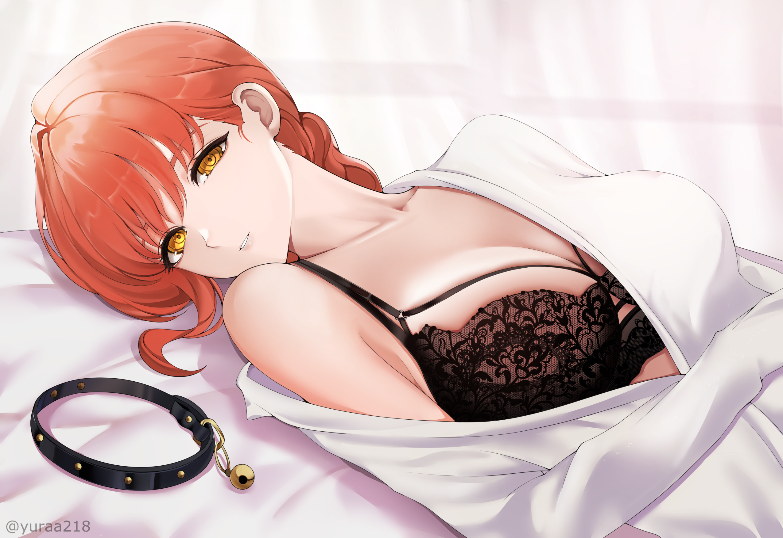 1girls, big breasts, black bra, bra, braid, breast focus, breasts, chainsaw man, cleavage, collar, female, female only, hair, huge breasts, lace, lace trim, lace-trimmed bra, lingerie, makima (chainsaw man), red hair, shirt, solo, solo female, topwear, white shirt, yellow eyes, yuraa218