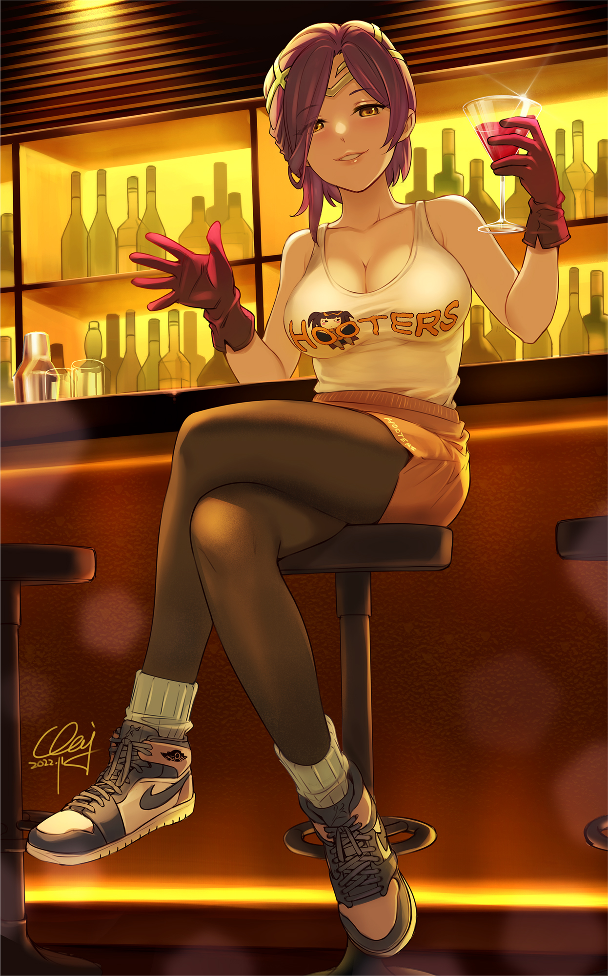 1girls, alternate costume, bangs, bar, bar stool, black pantyhose, bottle, breasts, brown eyes, cleavage, cocktail glass, collarbone, commentary request, crossed legs, cup, drinking glass, female, female only, fire emblem, fire emblem heroes, gloves, highres, holding, holding cup, hooters, kiran (fire emblem), kiran (fire emblem) (female), large breasts, looking at viewer, men'youjan, menyoujan, nintendo, orange shorts, pantyhose, purple gloves, purple hair, shoes, short hair, shorts, signature, sitting, sleeveless, sneakers, socks, solo, stool, tank top, white socks, white tank top