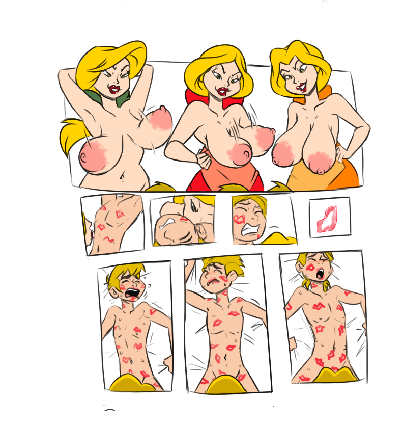 beauty_and_the_beast blonde_hair blowjob claudette_(red) femdom implied_oral kissing kissing_penis laurette_(yellow) lipstick lipstick_mark malesub older_female paulette_(green) terrible_the_drawfag the_bimbettes the_triplets younger_male