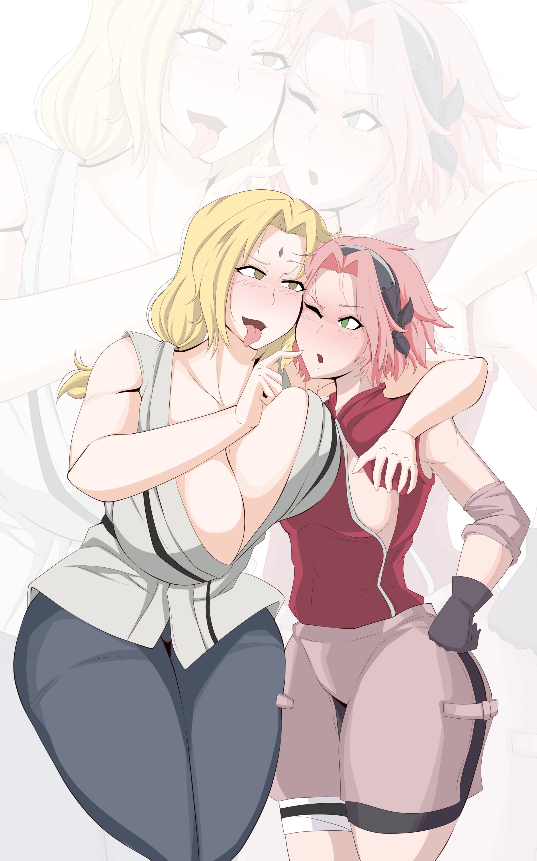 2girls, absurdres, age difference, alternate breast size, alternate hairstyle, blonde hair, blush, breast press, breasts, brown hair, cleavage, comic, comicom-ryu, comicomryu, curvy, female, green eyes, hand on another's shoulder, highres, huge breasts, medium breasts, multiple females, multiple girls, naruto, naruto (series), naruto shippuden, older female and younger female, pink hair, sakura haruno, short hair, spanish text, teacher and student, tied hair, tongue, tongue out, tsunade, wide hips