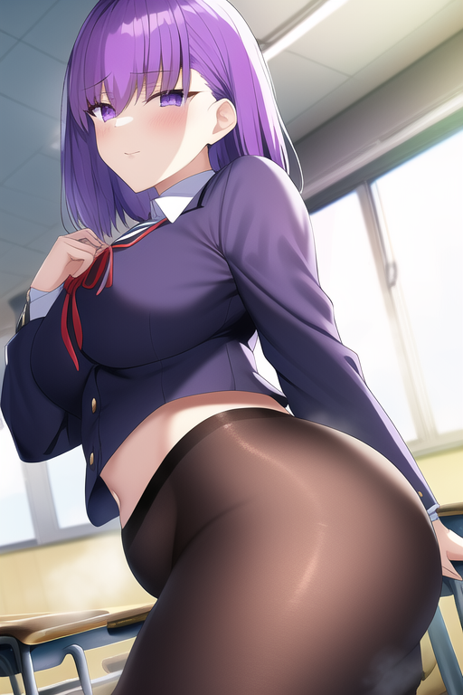 1girls ai_generated ass breasts classroom fate/stay_night fate_(series) female hips huge_ass huge_breasts indoors large_breasts long_hair matou_sakura nai_diffusion panties pantyhose purple_eyes purple_hair school_uniform schoolgirl slim_waist stable_diffusion thick_thighs thighs tights wide_hips