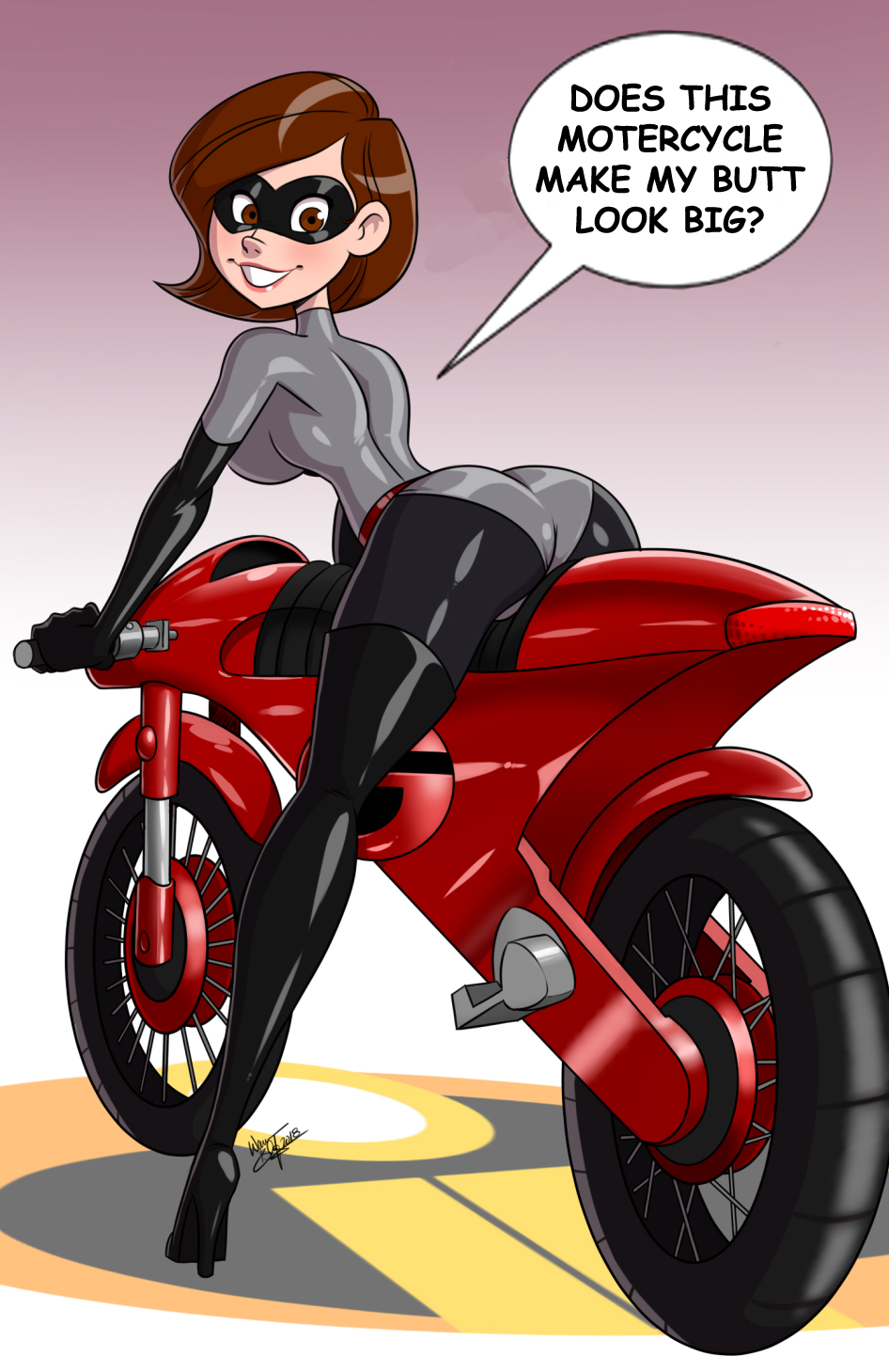 aeolus06, alternate costume, ass, bike, canonical scene, comic sans, disney, edit, elastigirl, elastigirl (the incredibles 2 supersuit), female, helen parr, high heels, motorbike, motorcycle, pixar, skin tight, skin tight suit, smooth skin, superhero, superheroine, the incredibles, the incredibles 2, thigh highs