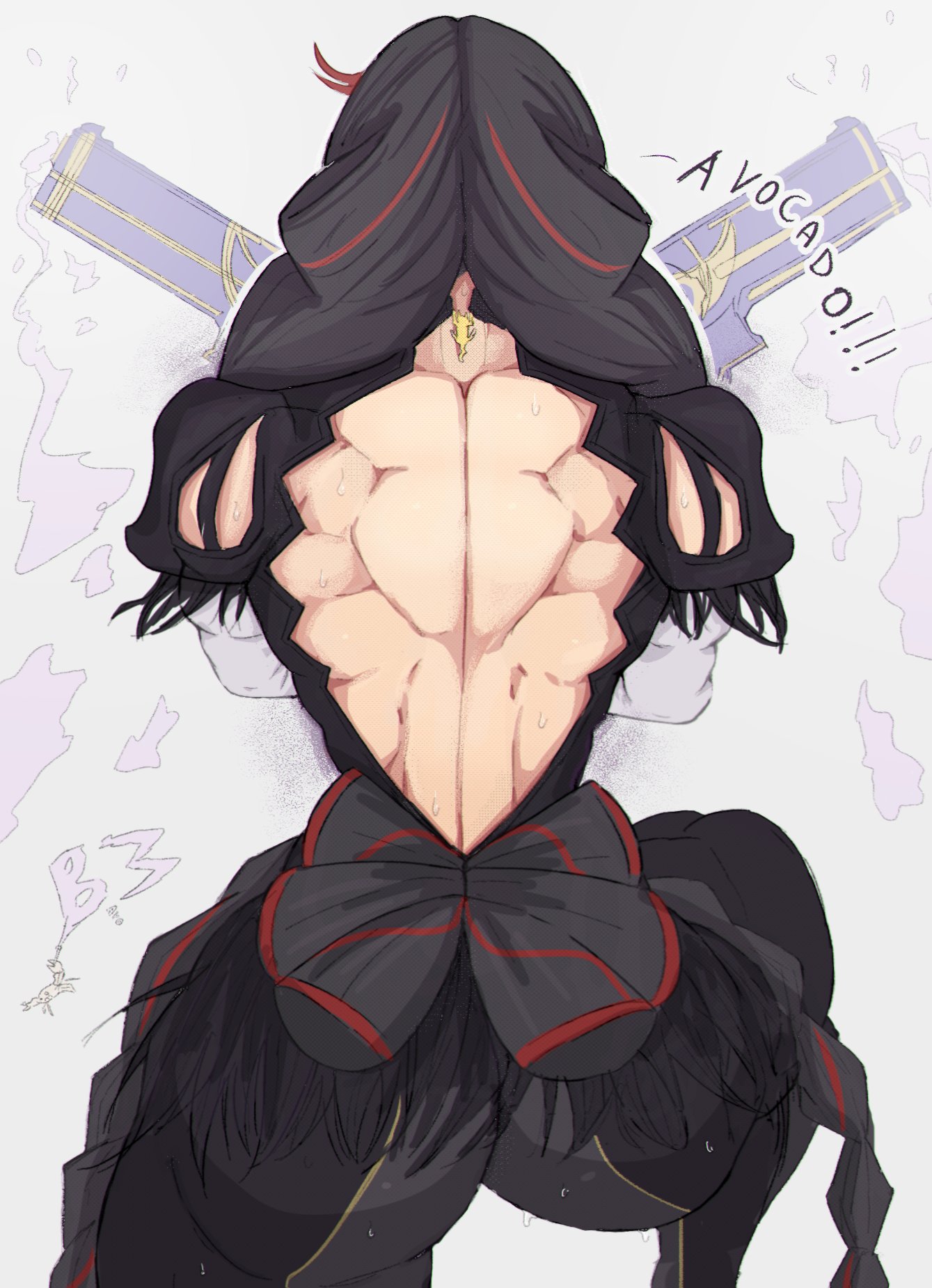 1girls, ass, back muscles, back view, bayonetta, bayonetta (character), bayonetta 3, black hair, clothed, female, female focus, female only, firearm, gun, handgun, hi res, holding object, long hair, muscles, muscular, muscular back, muscular female, revolver, solo, solo female, sweat, sweatdrop, text, thick, thick ass, weapon, yoracrab