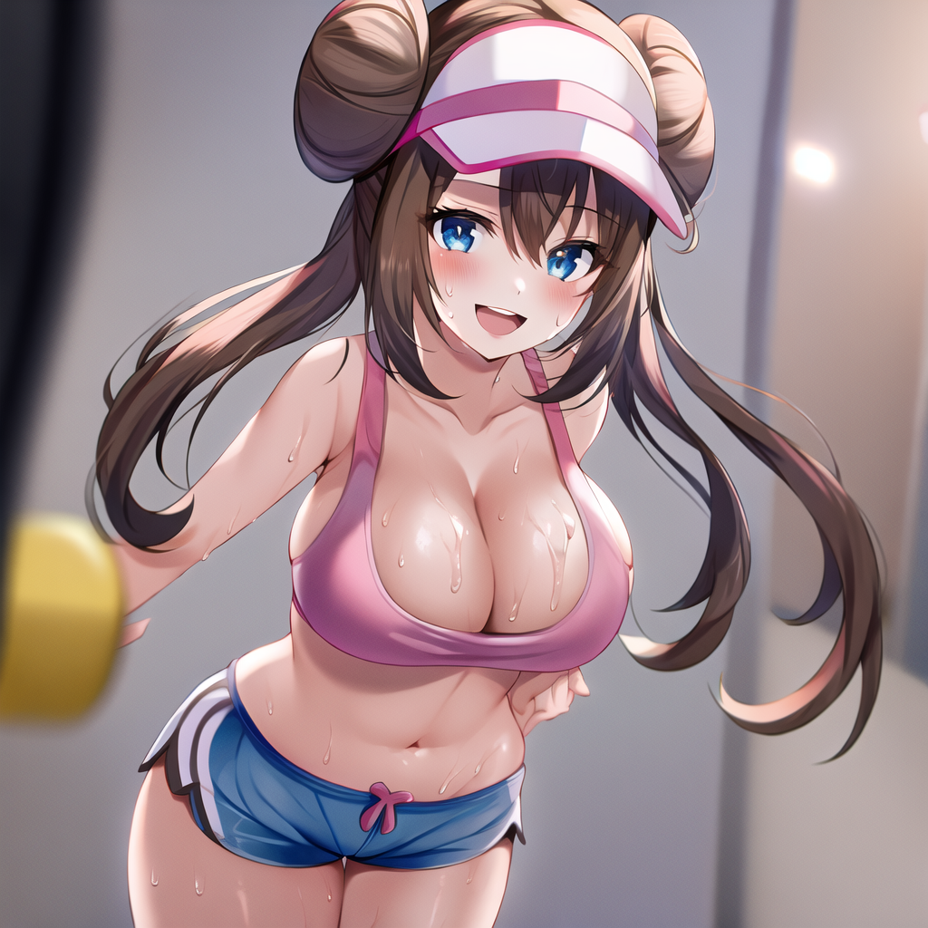 1girls ai_generated blue_eyes booty_shorts breasts brown_hair cleavage female game_freak huge_breasts light-skinned_female light_skin long_hair nai_diffusion nintendo pokemon pokemon_bw2 rosa_(pokemon) short_shorts shorts sport_shorts sports_bra sportswear stable_diffusion sweat sweaty_body thighs twin_buns twintails