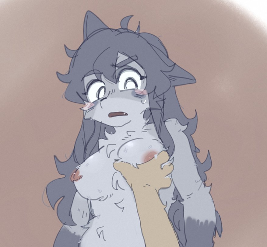 blush, breasts, cute fang, female, furry, groping, mini (puppy in space), puppy in space