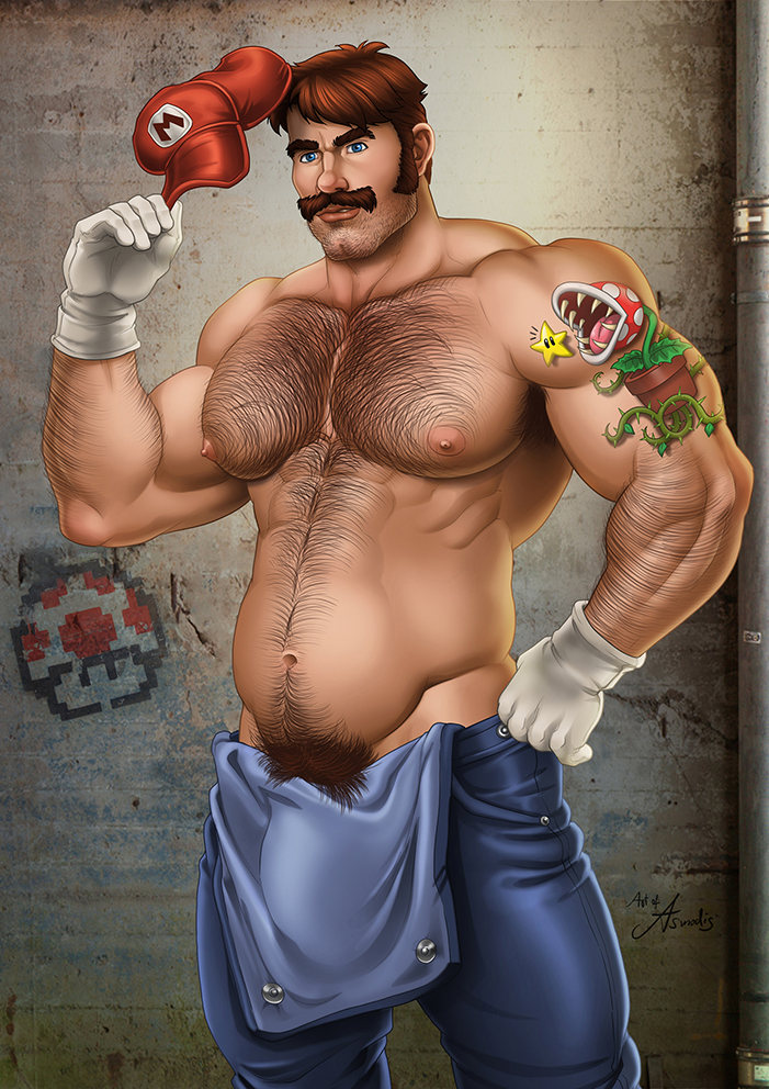 1boy asmodis_(artist) beard_stubble belly big_bulge blue_eyes body_hair brown_hair bulge facial_hair hairy_chest hairy_male huge_bulge human male male_nipples male_only male_pubic_hair manly mario mario_(series) mature_male muscles muscular muscular_male mustache pecs penis_bulge shirtless_male sideburns solo super_mario_bros. tattoo