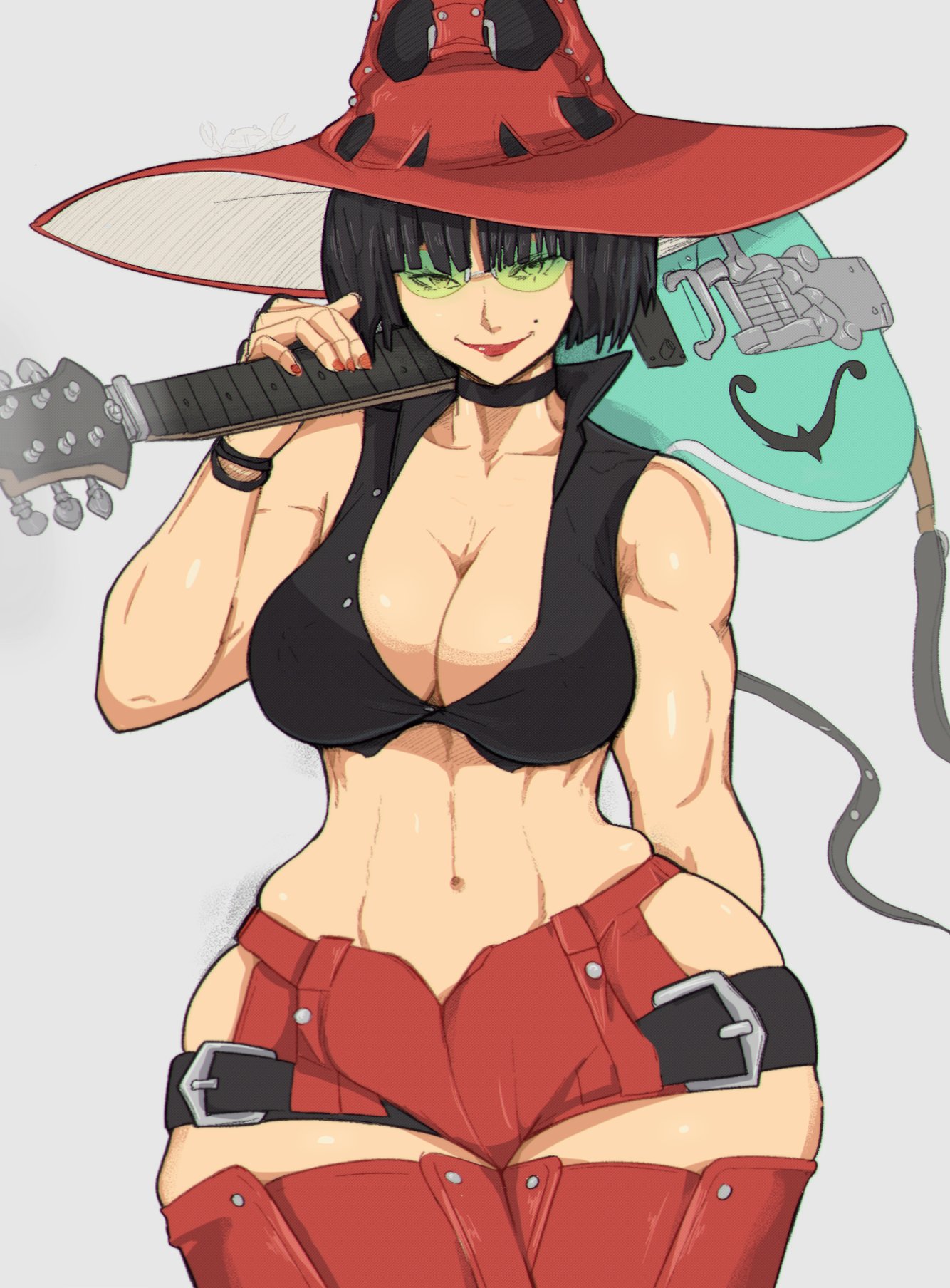 breasts, cleavage, electric guitar, female, female only, green-tinted eyewear, guilty gear, guilty gear strive, guitar, hat, hotpants, huge breasts, human, i-no, lipstick, mole, muscular, muscular female, musical instrument, pale skin, short hair, smirk, sunglasses, thick, thick thighs, thighhighs, tinted eyewear, yoracrab