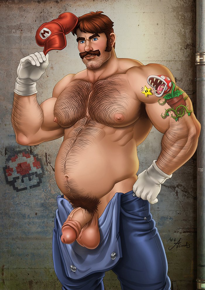 1boy asmodis_(artist) balls ballsack beard_stubble belly blue_eyes body_hair brown_hair dangling_testicles facial_hair foreskin foreskin_folds hairy_chest hairy_male human intact low_hanging_balls male male_nipples male_only male_pubic_hair manly mario mario_(series) mature_male muscles muscular_male mustache nintendo open_pants pants_down pecs penis penis_out retracted_foreskin scrotum semi-erect sideburns solo super_mario_bros. tallywhacker tattoo testicles uncut veiny_penis