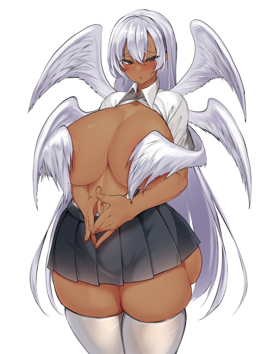 angel dark-skinned_female embarrassed huge_breasts kawahagitei leo008 red_eyes thick_thighs topless wings