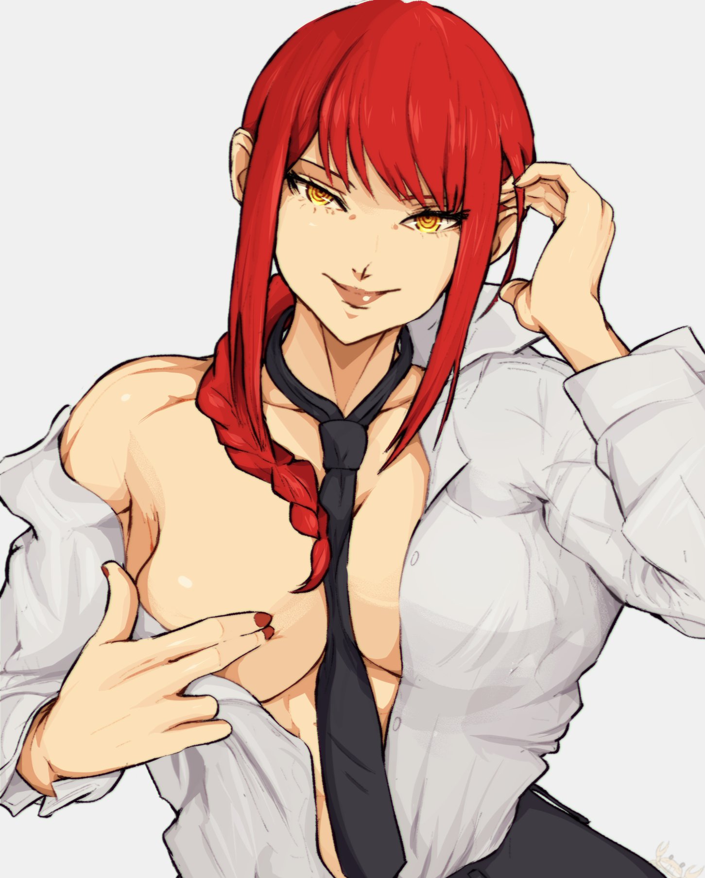 abs, blouse, chainsaw man, covered nipples, female, looking at viewer, makima (chainsaw man), muscular, nail polish, open shirt, ponytail, red hair, smile, suit, thick, thick thighs, tie, yellow eyes, yoracrab