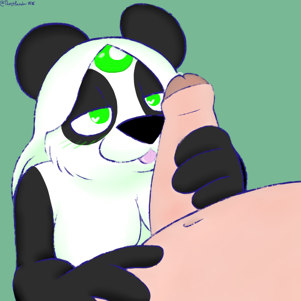 1:1 anthro black_body black_fur black_nose blue_line_art blush bodily_fluids breasts duo erection female fur fur_markings genital_fluids genitals giant_panda green_eyes hair hand_on_stomach handjob human lunarpanda8686 male male/female mammal markings mika_(lunarpanda8686) navel nude penile penis penis_worship precum round_ears sex simple_background slightly_chubby tongue tongue_out ursid white_body white_fur white_hair