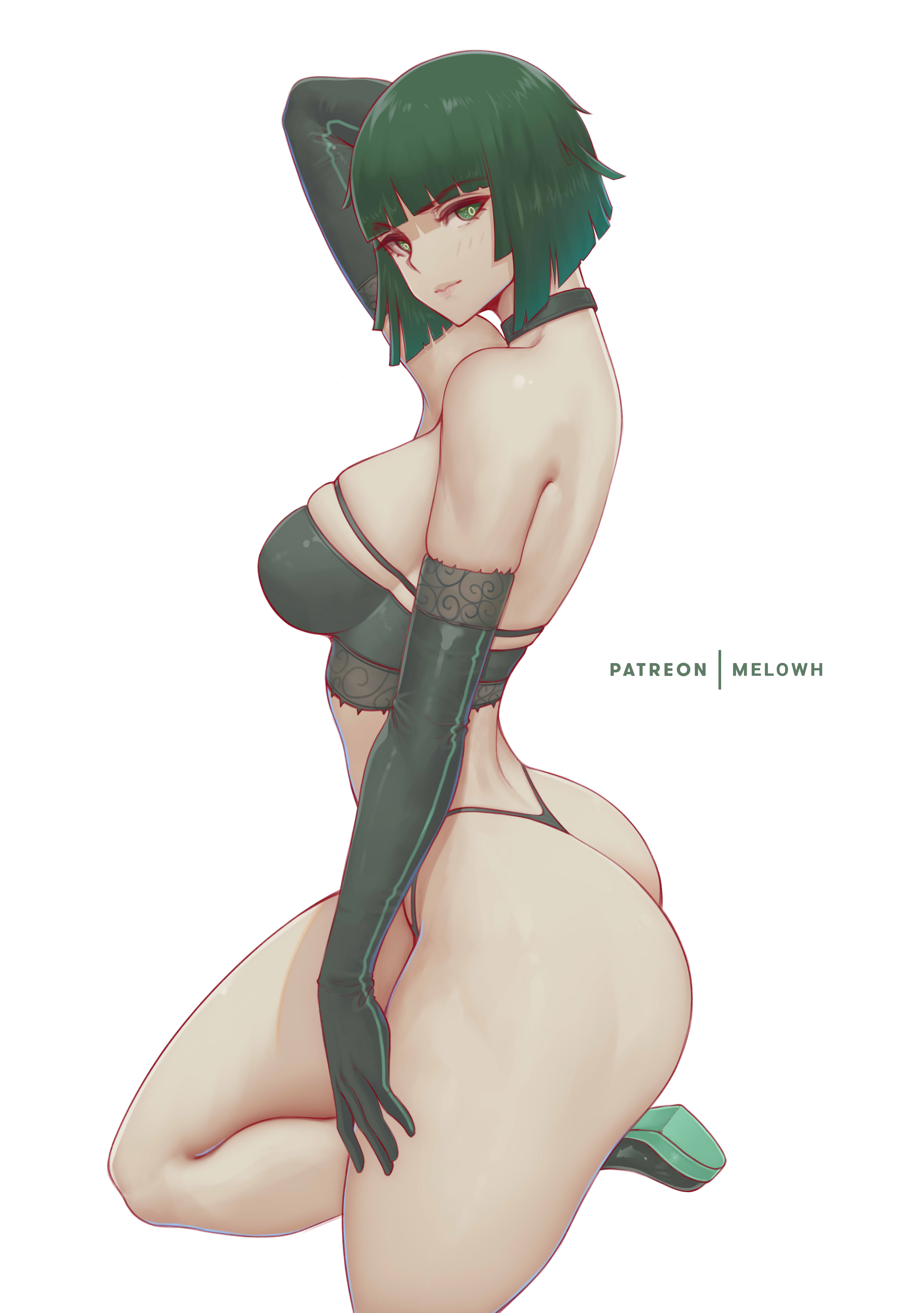 1girls, arm up, ass, bare shoulders, big breasts, breast squeeze, breast squish, breasts, bubble ass, bubble butt, busty, choker, clothed, clothing, crop top, curvaceous, curvy, curvy body, curvy female, curvy figure, fat ass, female, female focus, female only, fubuki (one-punch man), green eyes, green hair, hi res, hips, huge ass, large breasts, legs, light skin, light-skinned female, lips, lipstick, long gloves, looking at viewer, melowh, one-punch man, panties, round ass, short hair, side view, sideboob, simple background, slim, slim waist, smile, smiling at viewer, smirk, solo, solo focus, thick, thick ass, thick thighs, thighs, thin waist, thong, tight clothing, toned, voluptuous, waist, white background, wide hips