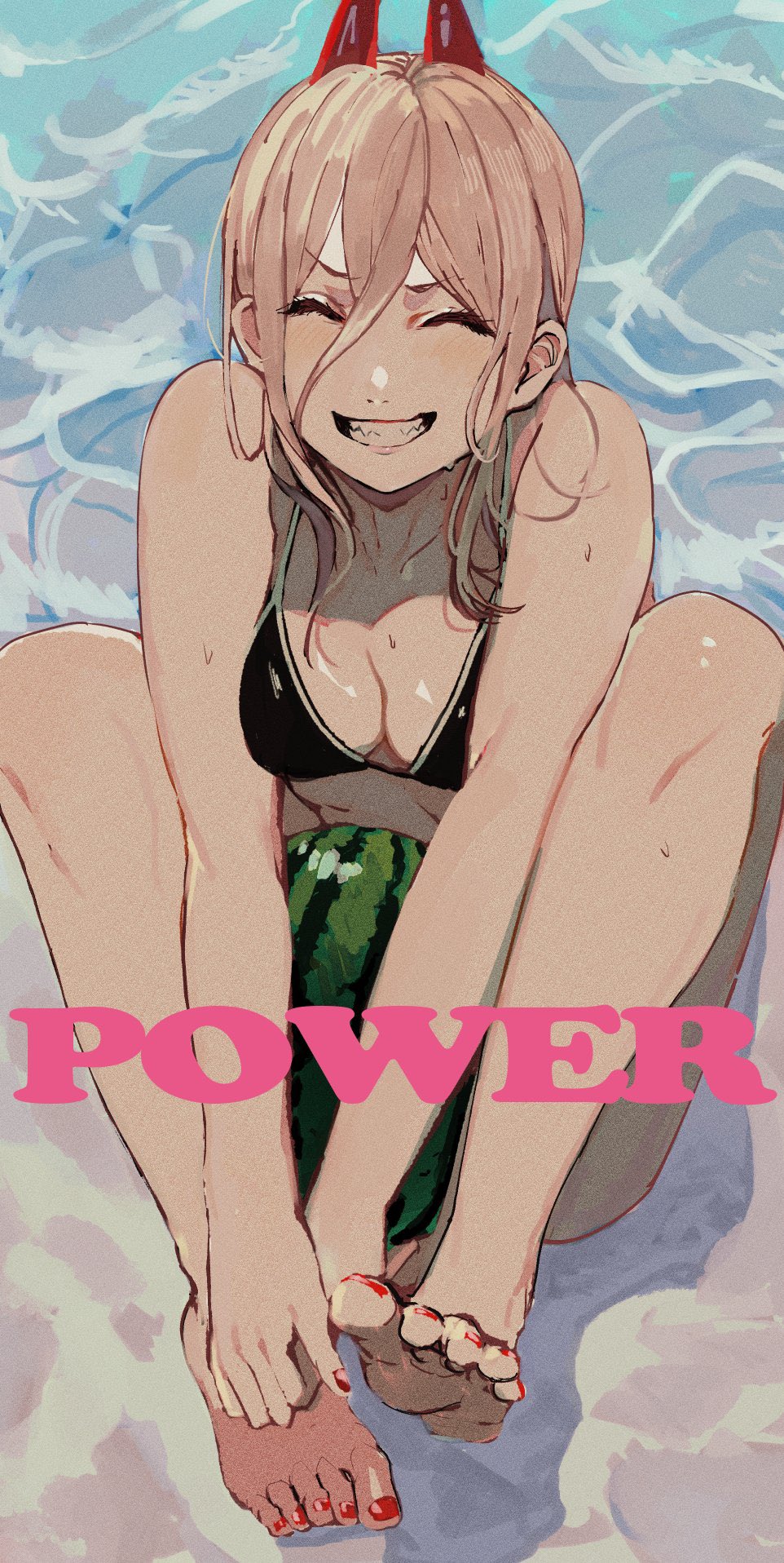 1girls, barefoot, beach, bikini, blonde hair, breasts, chainsaw man, cleavage, cute, demon horns, feet, female, female only, kurokashi655, light skin, light-skinned female, nail polish, power (chainsaw man), shounen jump, smile, watermelon, wholesome