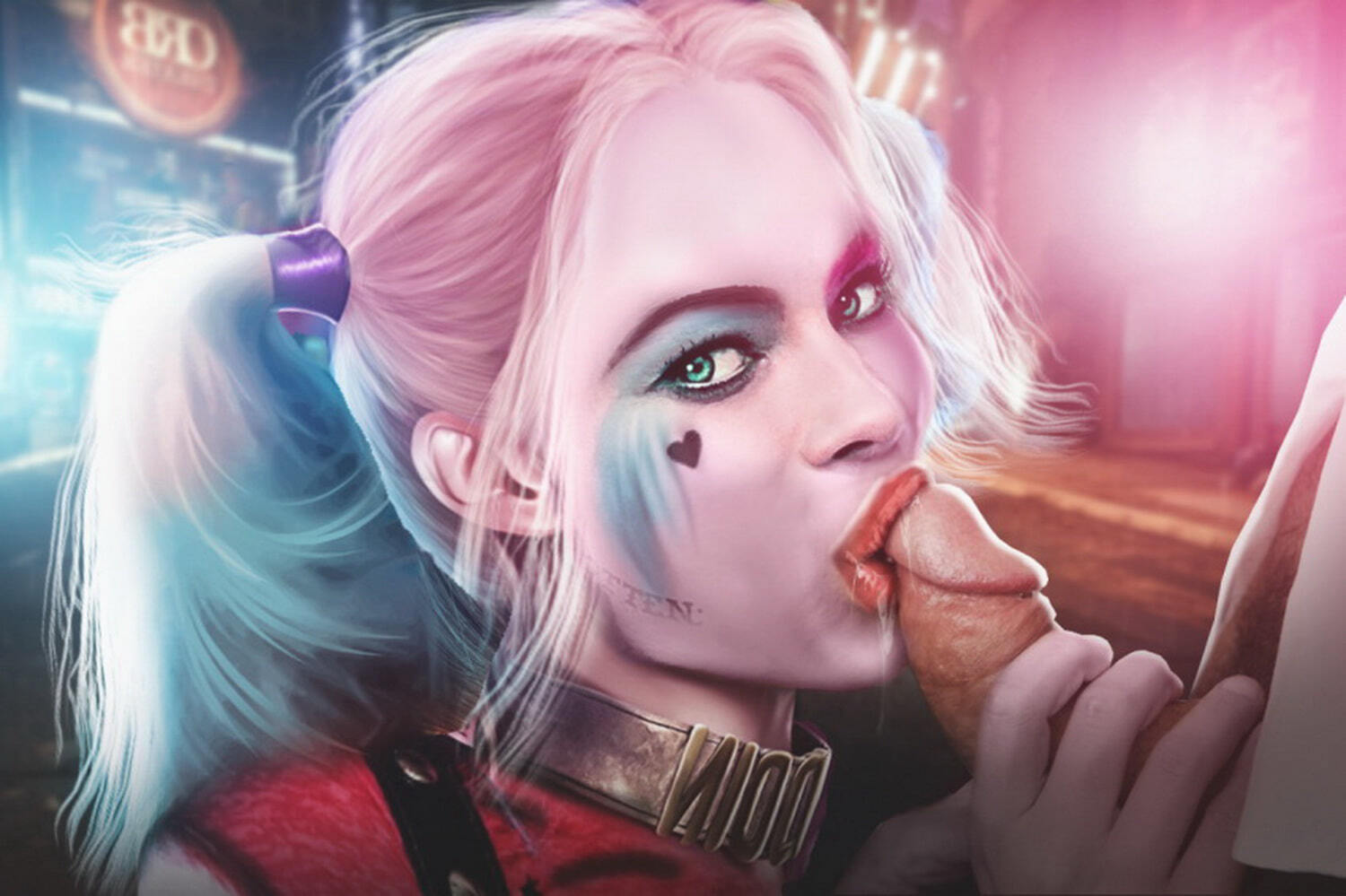 batman (series), choker, cum, cum drip, dc, dc comics, detailed background, female, green eyes, hand on penis, harley quinn, kissing penis, looking at viewer, looking back, male, margot robbie, partial male, penis, penis kiss, penis kissing, pervroom, seductive look, suicide squad, tagme, tattoo, white hair