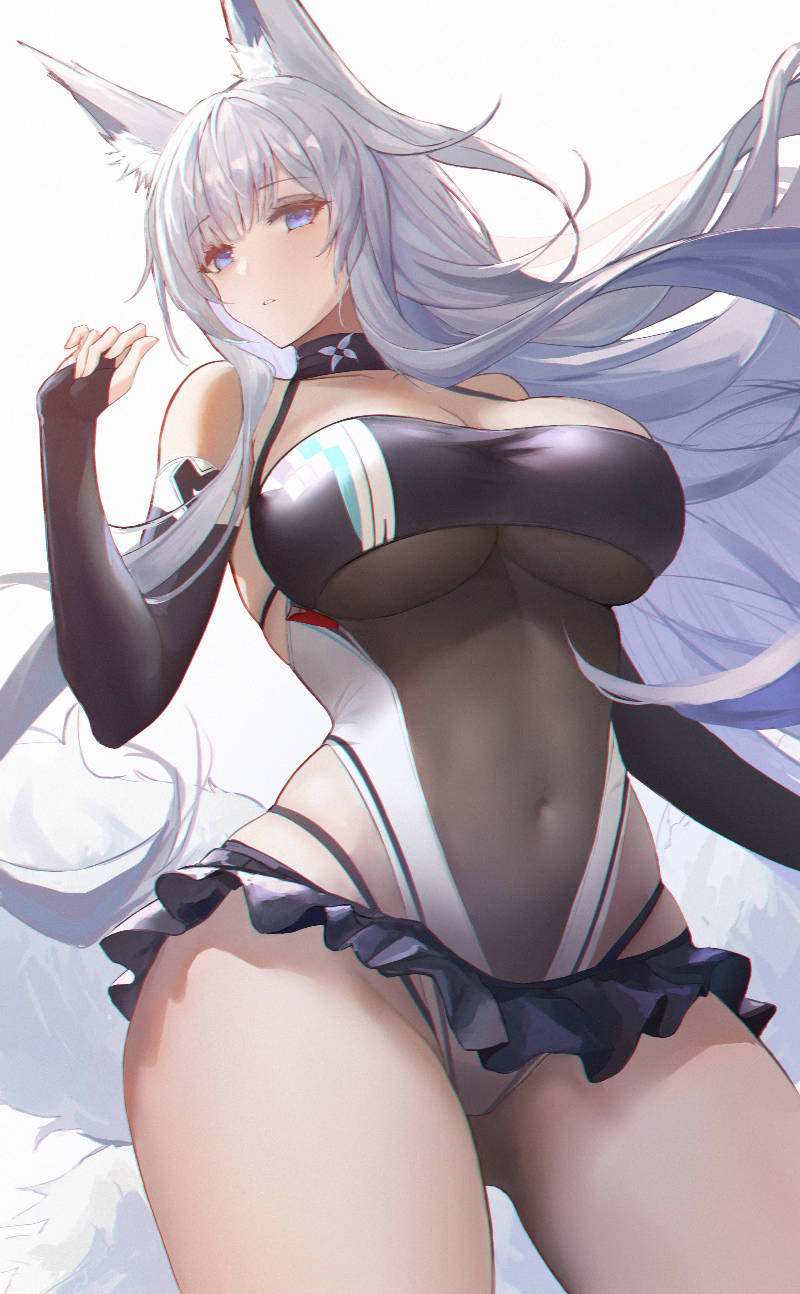 1girls, absurdres, animal ear fluff, animal ears, ass visible through thighs, azur lane, bangs, bare shoulders, black choker, black gloves, black leotard, black panties, blue eyes, breasts, bridal gauntlets, choker, cleavage, contrapposto, covered navel, cowboy shot, dido (magicc), elbow gloves, female, floating hair, fox ears, fox girl, fox tail, gloves, hand up, highleg, highleg leotard, highres, large breasts, leotard, light skin, light-skinned female, long hair, looking at viewer, microskirt, multi tail, official alternate costume, panties, panty straps, parted lips, race queen, shinano (azur lane), shinano (moonlit chrome) (azur lane), sidelocks, simple background, skindentation, skirt, solo, string panties, tail, tails, thick thighs, thighs, underwear, white background, white hair, white tail