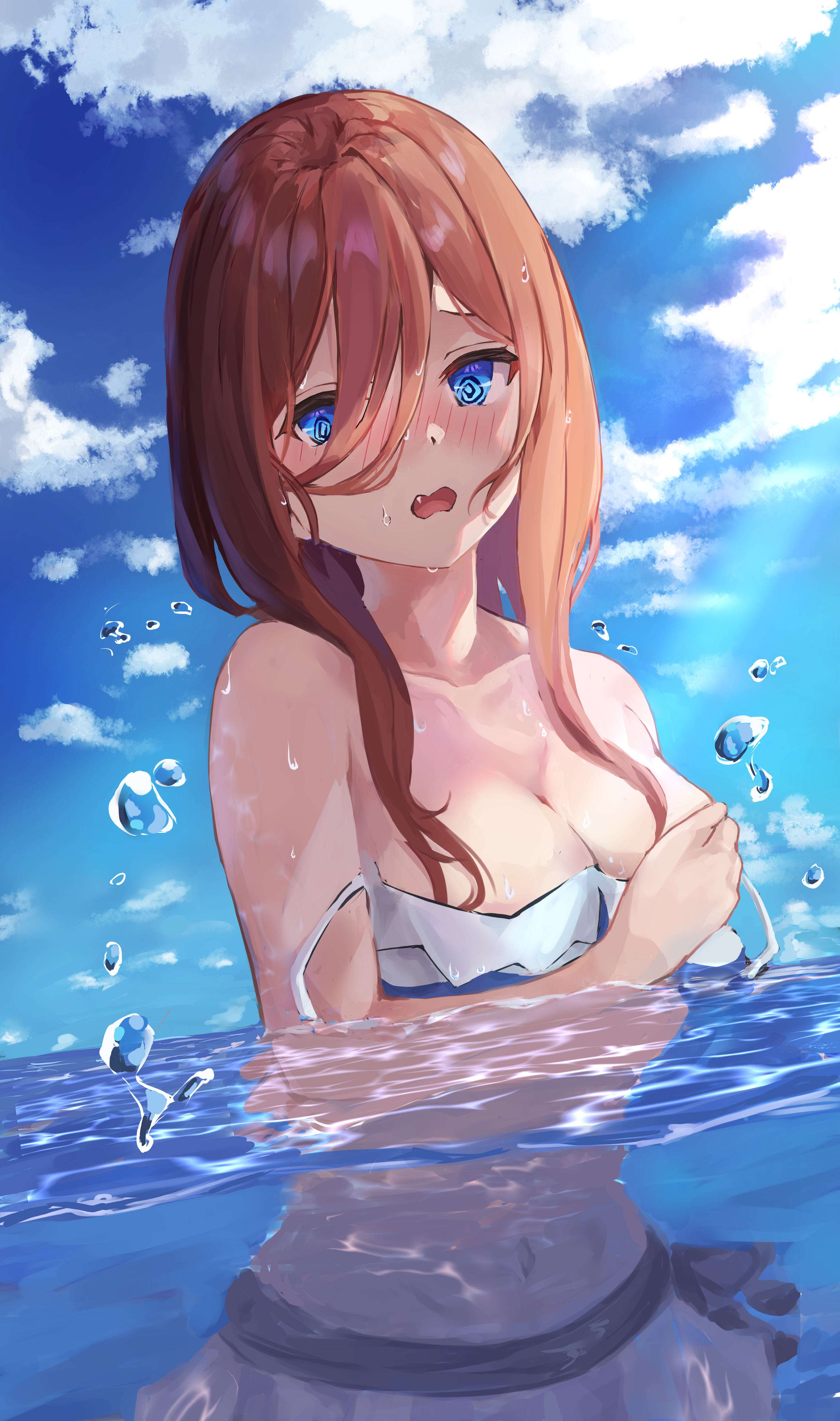 1girls, absurdres, bangs, bikini, blue eyes, blush, breast hold, breasts, cleavage, collarbone, covering, covering self, dizzy, dizzy eyes, embarrassed, female, go-toubun no hanayome, hair between eyes, highres, large breasts, long bangs, nakano miku, navel, ocean, oerba yun fang, open mouth, partially submerged, raikun raikun, red hair, shy, sky, solo, splashing, swimsuit, upper body, wardrobe malfunction, white bikini