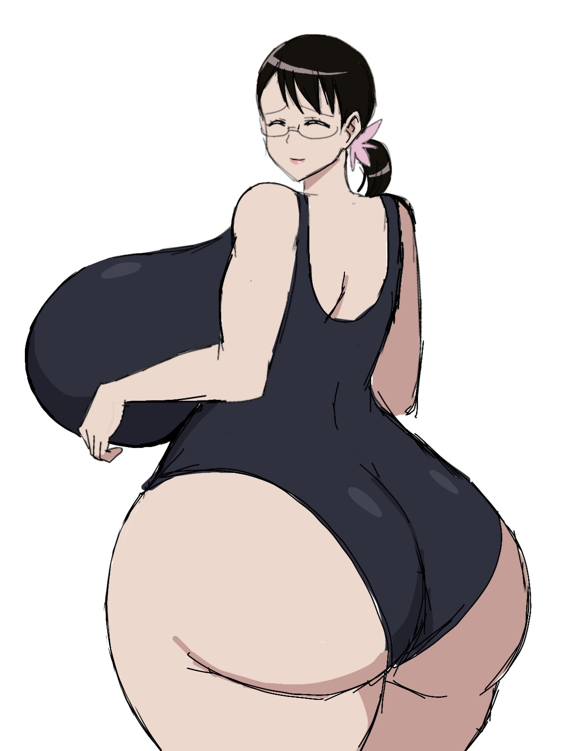 1girls, ass, big ass, big breasts, black hair, blue swimsuit, breasts, cattleya, closed eyes, closed eyes smile, eyewear, female, female only, flower, flower in hair, glasses, hair, hair ornament, hips, huge ass, huge breasts, large breasts, mature, mature female, milf, momiji (artist), mother, one-piece swimsuit, queen's blade, smile, solo, solo female, swimsuit, swimwear, thick thighs, thighs