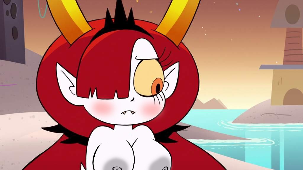 accurate_art_style bjarruafterdark blush disney disney_channel disney_xd edit edited edited_screencap embarrassed embarrassed_female exposed_breasts fangs grey_areola grey_nipples hekapoo horn horns huge_breasts large_breasts nipples pale_skin pointy_ears red_hair screencap screenshot screenshot_edit star_vs_the_forces_of_evil staring_down yellow_eyes