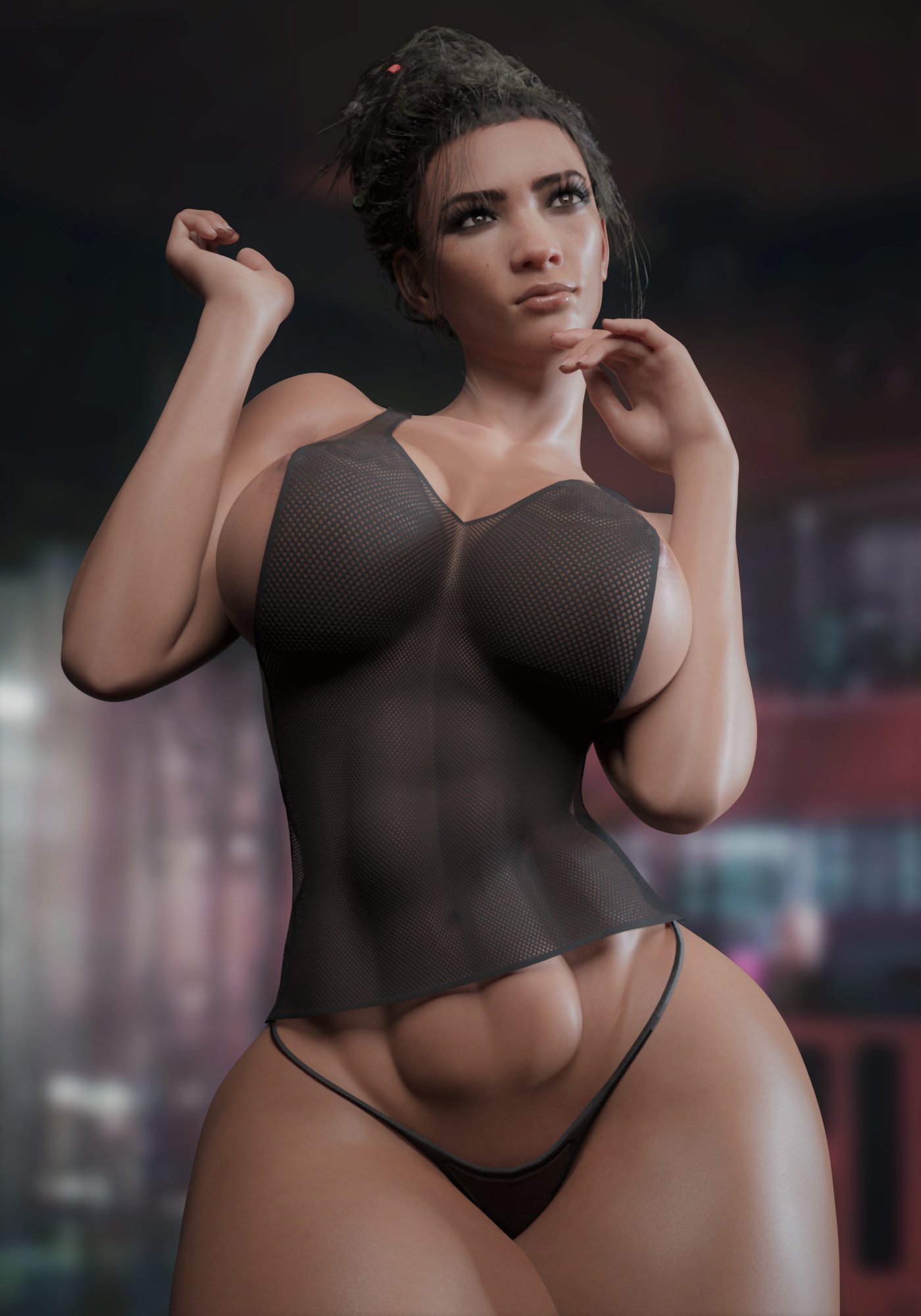 1girls, 3d, ass, audrix, big ass, big breasts, breasts, brown eyes, brown hair, cd projekt red, cyberpunk 2077, female, female only, panam palmer, panties, solo, solo female, tan-skinned female, thick thighs, thong, tied hair