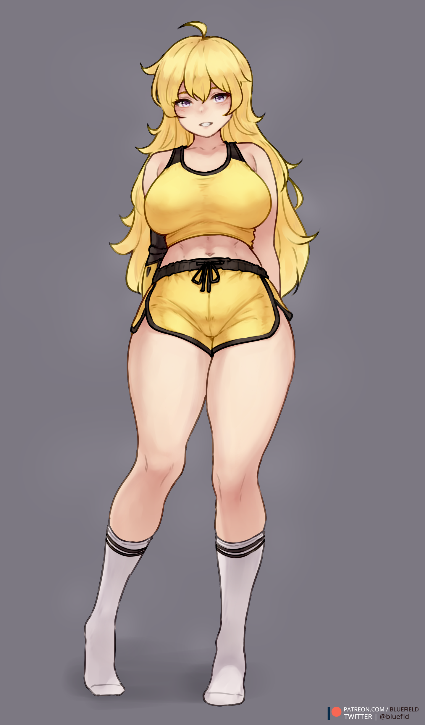 1girls, abs, blonde hair, bluefield, booty shorts, breasts, dolphin shorts, female, hips, huge breasts, light skin, light-skinned female, long hair, purple eyes, rwby, short shorts, shorts, slim waist, smile, sports bra, sportswear, thick thighs, thighs, wide hips, yang xiao long