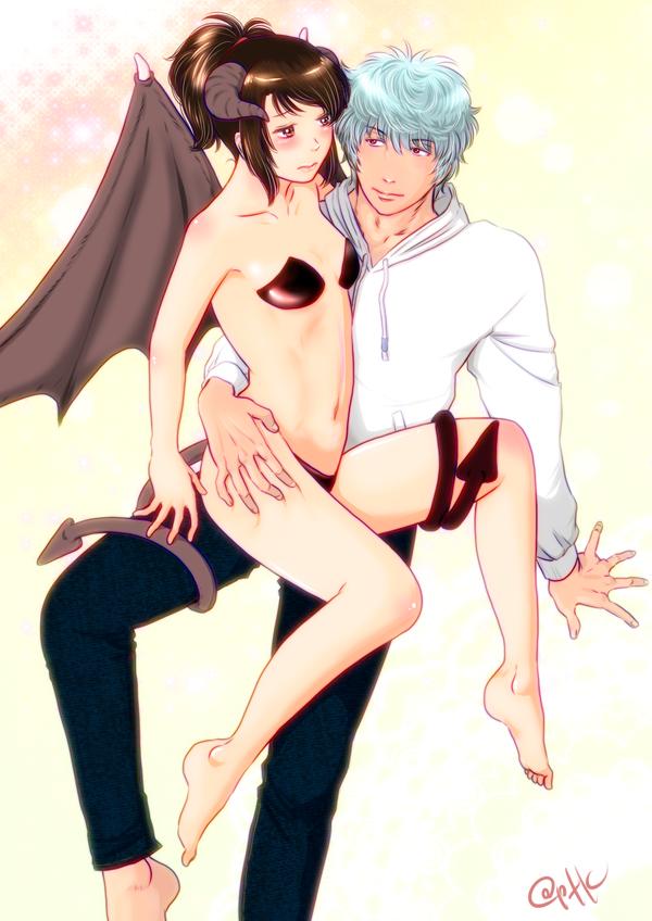 1boy 1girls bare_legs barefoot blush brown_hair covered_nipples demon_girl demon_horns demon_tail demon_wings embarrassed female full_body gintama gintoki_sakata horns male ponytail shimura_tae sitting_on_lap sitting_on_person small_breasts succubus tail thigh_grab wings