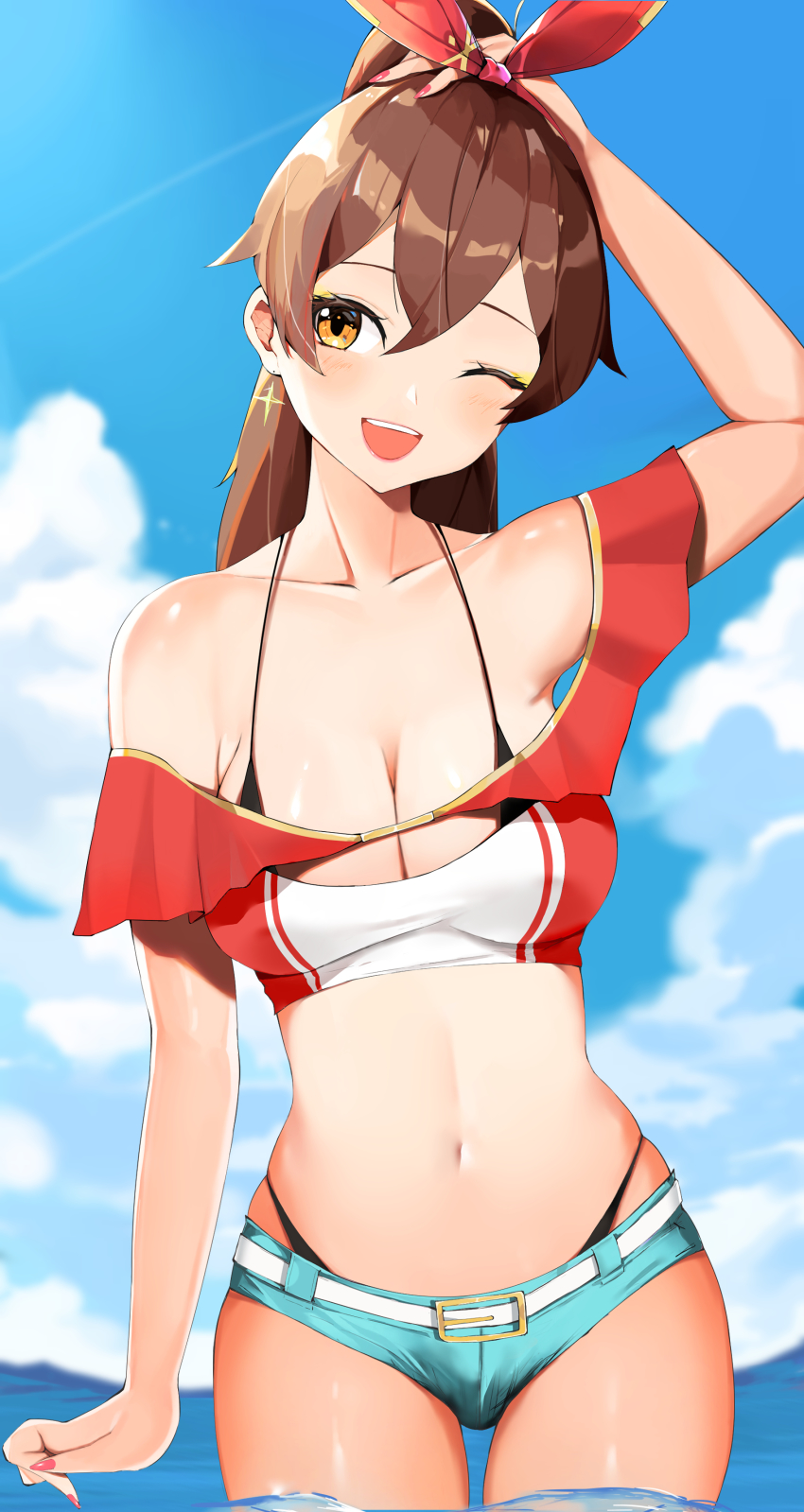 1girls amber_(genshin_impact) belt belt_buckle bikini bikini_under_clothes black_bikini black_swimsuit breasts brown_hair clouds crop_top female female_only fully_clothed genshin_impact hairband in_water large_breasts looking_at_viewer mutsu_ane_daisuki ocean one_eye_closed outside painted_fingernails ponytail revealing_clothes shorts shortshorts sky swimsuit swimsuit_under_clothes water winking yellow_eyes