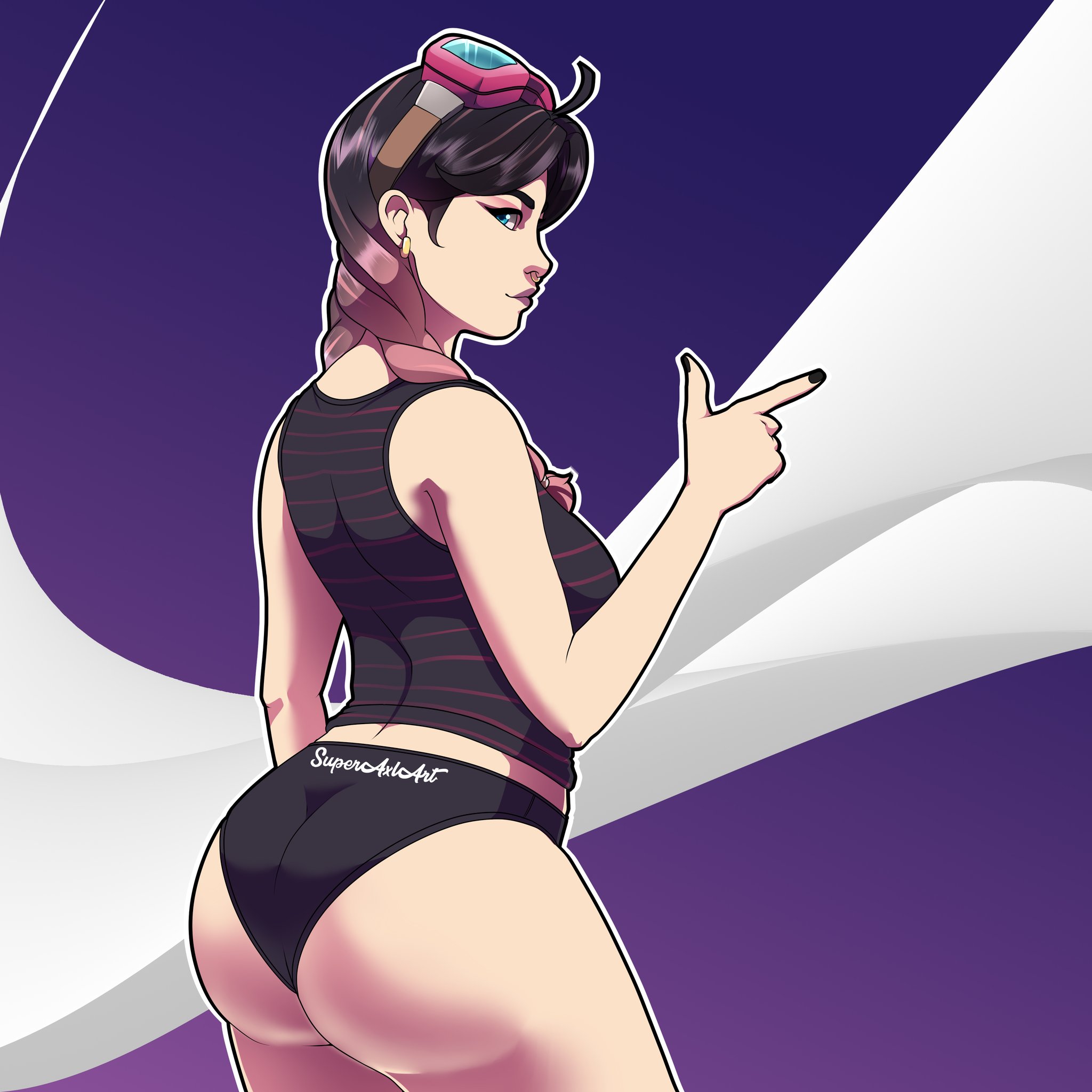 1girls, abstract background, ass, ass focus, beach jules, big ass, black hair, black nails, blue hair, breasts, female, female only, finger gun, fingernails, fortnite, goggles, jules (fortnite), light skin, light-skinned female, looking at viewer, nail polish, pale skin, piercing, pink hair, pink highlights, superaxlart, swimming goggles, swimsuit, tattoo