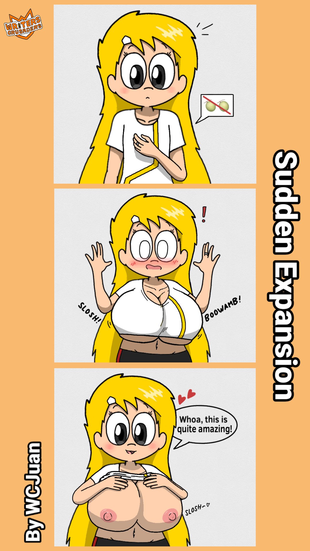 1girls 3_panel_comic areola areolae big_breasts breast_expansion busty comic cute dialogue flat_chest flat_chested hand_on_breast hearts huge_breasts juanila_(writers_crusaders) nipples pink_nipples pleasure_face pleasured pleasured_face satisfied shirt_lift shirt_up slosh sloshing_breasts smile solo_female solo_focus surprised surprised_expression wcjuan writers_crusaders yellow_hair