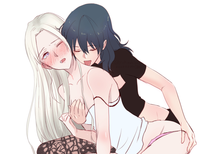 2girls, ass, ass grab, bare arms, black shirt, blush, breast grab, breasts, byleth (fire emblem), byleth (fire emblem) (female), closed eyes, collarbone, edelgard von hresvelg, female, female only, fire emblem, fire emblem: three houses, grabbing, grabbing from behind, grey eyes, grey hair, groin, groping, licking, licking neck, long hair, midriff, multiple females, multiple girls, nintendo, one eye closed, open mouth, panties, panty pull, pink panties, pulled by another, shiny, shiny hair, shirt, short sleeves, simple background, sketch, sleeveless, sleeveless shirt, small breasts, spaghetti strap, straight hair, strap slip, teal hair, tongue, tongue out, underwear, very long hair, white background, white hair, white shirt, yukiyanagi raki, yuri