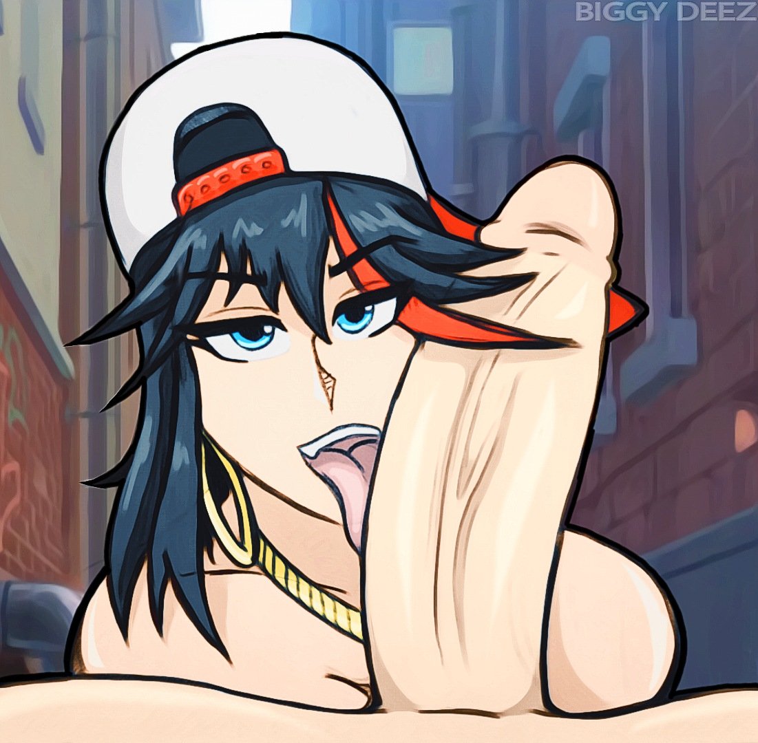 1boy, 1girls, alternate breast size, asian, asian female, backwards hat, big breasts, biggy deez, black hair, blue eyes, breasts, cock, duo, ear piercing, earrings, female, female focus, kill la kill, large breasts, licking, licking penis, light skin, light-skinned female, light-skinned male, male, male pov, male/female, matoi ryuuko, necklace, nude, nude female, nude male, pale skin, pale-skinned female, pale-skinned male, penis, penis lick, penis out, pov, pov eye contact, short hair, straight, studio trigger, tomboy, tongue, tongue out, unseen male face, vein, veins, veiny penis