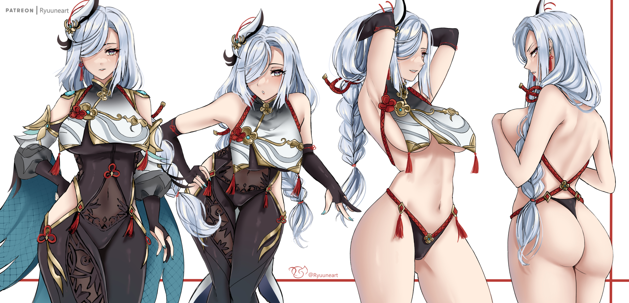 1girls, ass, back, back view, big ass, big breasts, breasts, clothing, female, female only, genshin impact, hair, hair ornament, hair over one eye, hand on hip, hands behind head, hips, huge breasts, light skin, light-skinned female, long hair, mature, mature female, nail polish, nails, ryuuneart, shenhe (genshin impact), solo, thighs, white eyes, white hair