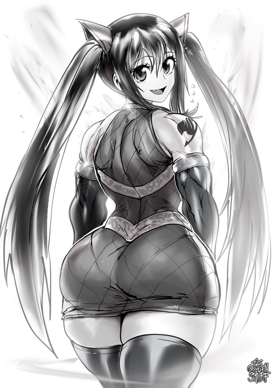 2022 aged_up armlet ass ass_in_dress fairy_tail female huge_ass looking_back monochrome muscular muscular_back muscular_female narrow_waist short_dress shortstack showing_ass sleeveless smile thegoldensmurf tight_dress twintails wendy_marvell