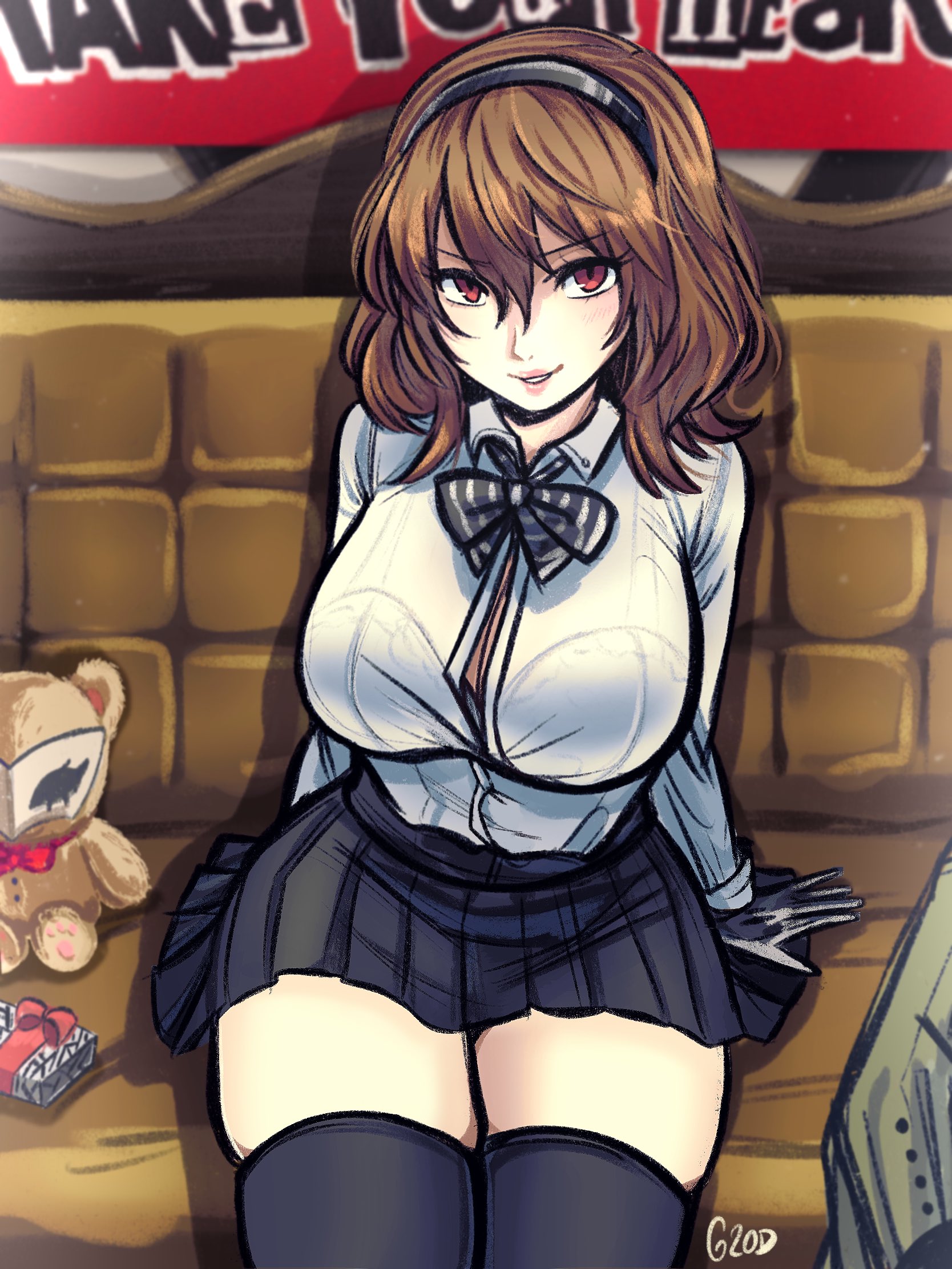 1girls, big breasts, black gloves, blush, bralines, breasts, brown hair, couch, female, female only, g20d (artist), genderswap, giveme20dollas (artist), gloves, goro akechi, huge breasts, long hair, looking at viewer, persona, persona 5, red eyes, rule 63, sitting, skirt, thick thighs, visible bra through clothes, wide hips