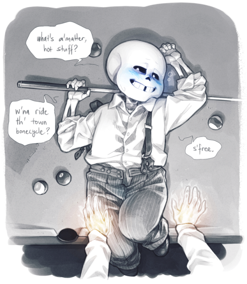 2boys 2d blue_blush blush blush_lines dialogue drunk drunk_bubbles frostious fully_clothed gay grillby hand_on_thigh mafia male male/male male_only pants_undone pool_table pov sans snooker_table sprawled suspenders text undertale undertale_(series) viewed_from_above