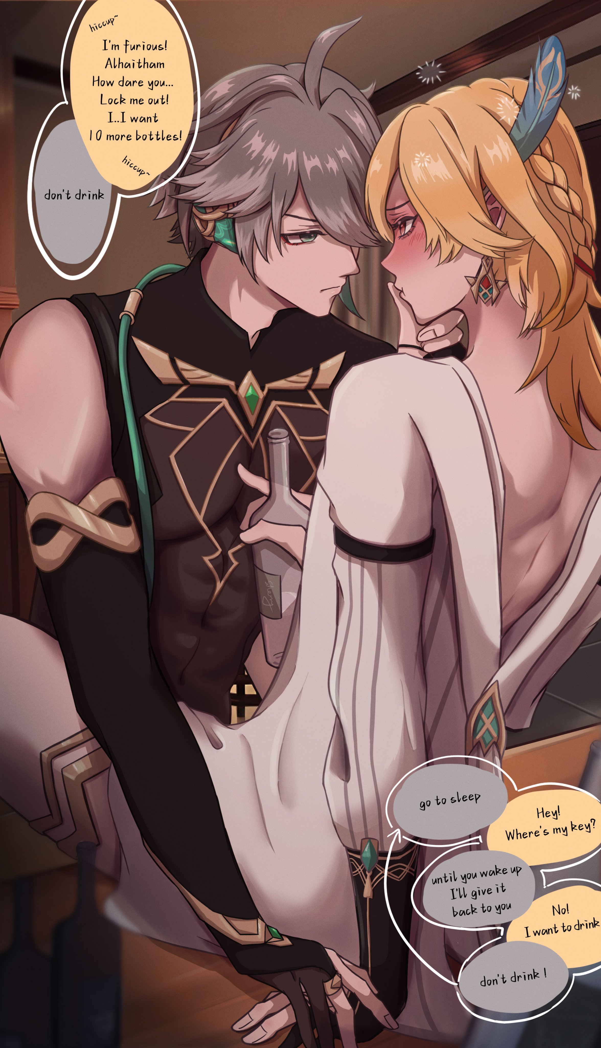 2boys, alcohol, alhaitham (genshin impact), bare back, bare legs, bare thighs, blonde hair, drunk, femboy, flushed, gay, genshin impact, girly, grey hair, kaveh (genshin impact), male, male only, mlm, muscular, muscular male, red eyes, trap, twink, yaoi