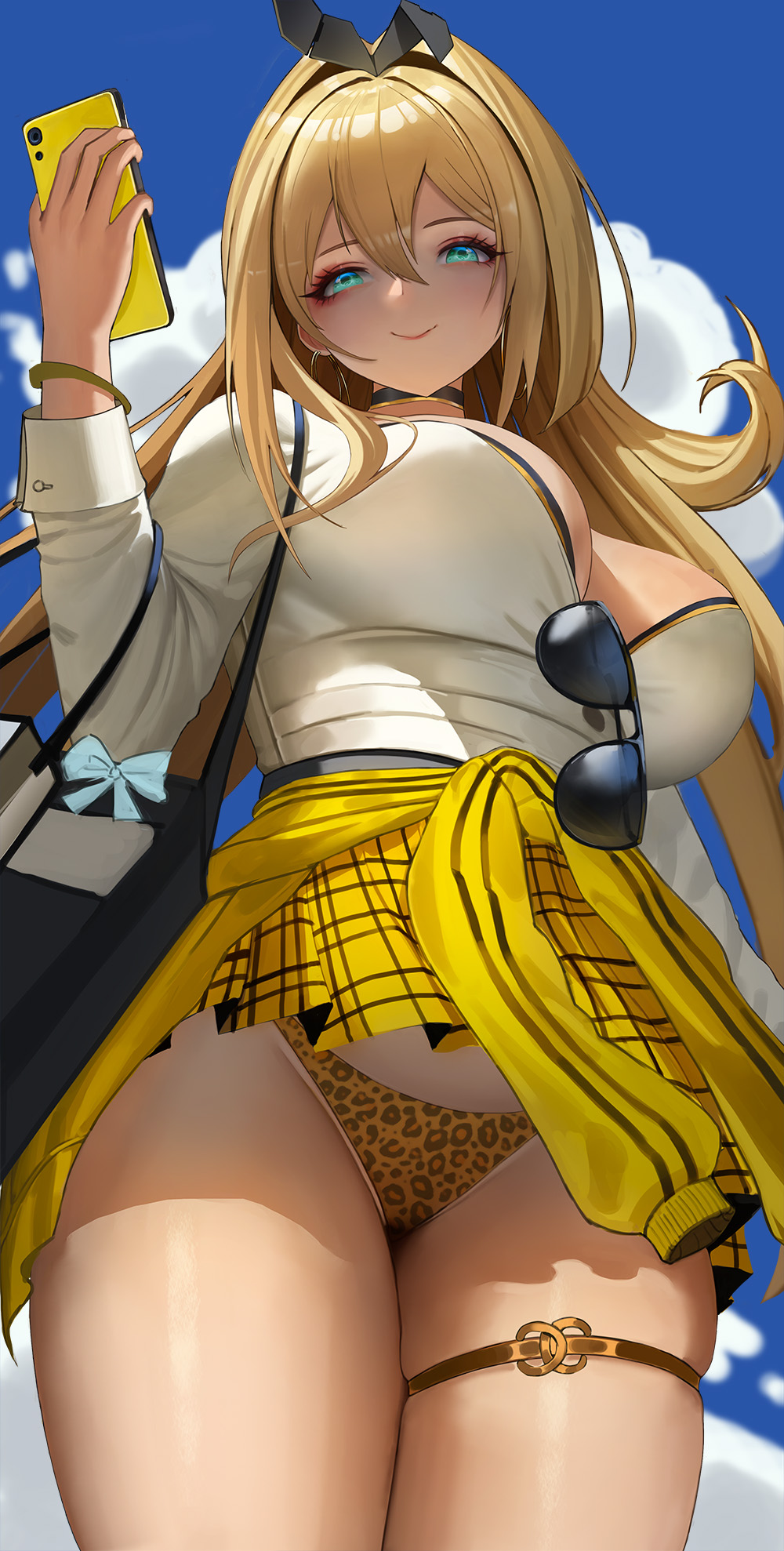 1girls, big breasts, blonde hair, blue eyes, bracelet, breasts, cellphone, cleavage, female, glasses, goddess of victory: nikke, gyaru, jacket, large breasts, leopard print, leopard print panties, looking at viewer, panties, pleated skirt, purse, rupee (nikke), school uniform, sky, solo, thighhighs