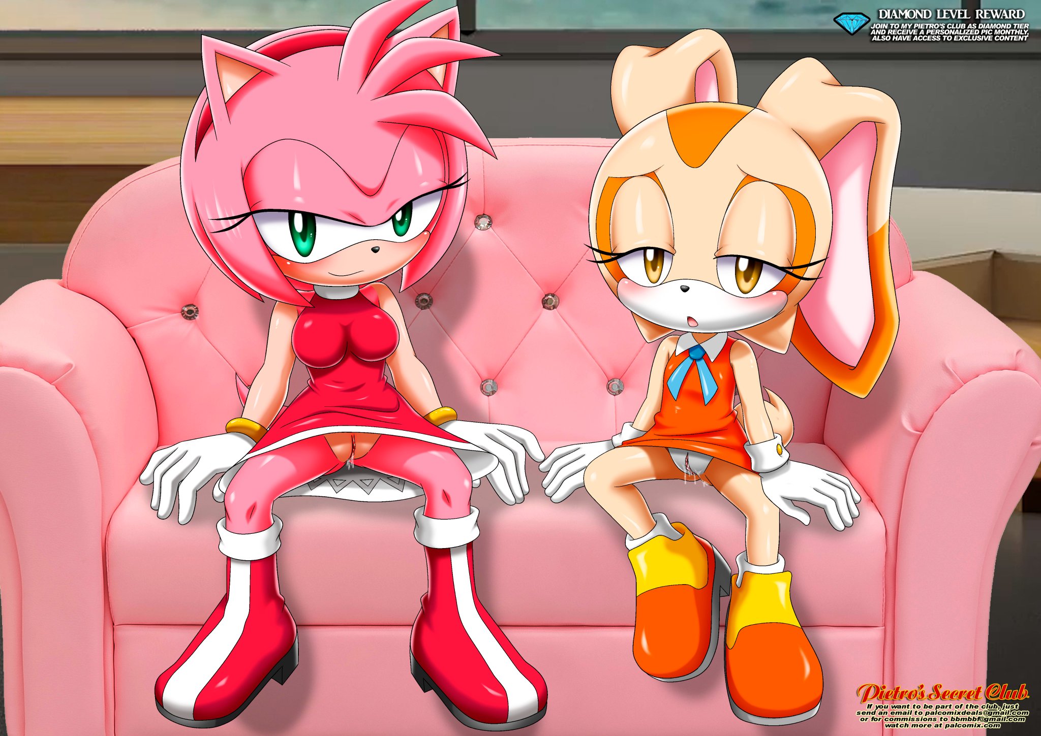2girls, amy rose, animal ears, anthro, anthro only, bbmbbf, bedroom eyes, big breasts, big ears, black nose, blush, boots, bottomless, breasts, brown eyes, clothed, clothing, couch, cream the rabbit, diamond level, dress, dripping pussy, duo, ears back, eulipotyphlan, eyelashes, eyes half closed, eyes half open, female, female only, flashing pussy, floppy ears, fur, furry, gloves, green eyes, hairband, half-closed eyes, hedgehog, indoors, lagomorph, leaking pussy, leporid, long ears, looking at viewer, mammal, mobius unleashed, no panties, open legs, parted lips, pietros secret club, pink body, pink fur, pink hair, pussy, pussy juice, rabbit, rabbit ears, rabbit tail, red dress, sega, shoes, short tail, showing pussy, sitting, smile, sofa, sonic (series), sonic the hedgehog (series), spread legs, tail, tan fur, updress, vagina, wet pussy, white gloves, young