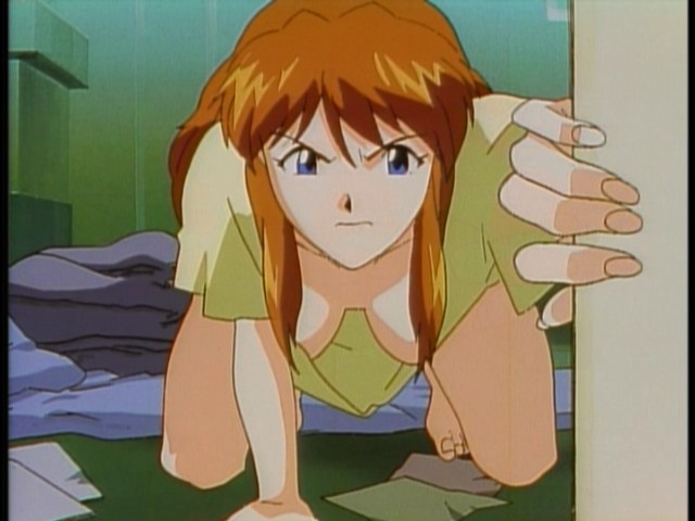 1girls, all fours, angry, asuka langley sohryu, bent over, blue eyes, breasts, cleavage, downblouse, female, female only, hanging breasts, neon genesis evangelion, no bra, red hair, screenshot, solo, solo female
