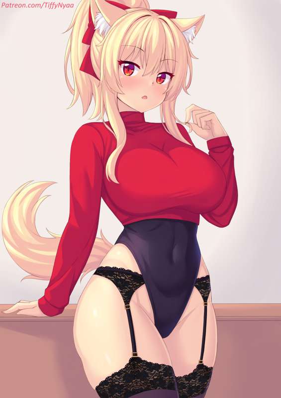 1girls, animal ears, blonde hair, cat ears, cat tail, female, garter straps, light skin, light-skinned female, solo, tagme, tiffy, tiffynyaa