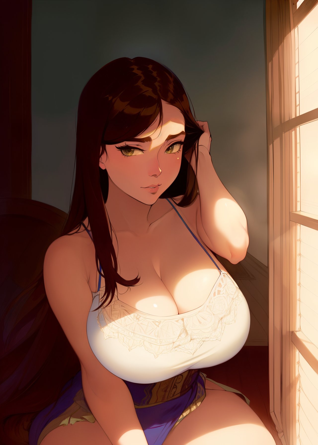 1girls, ai generated, big breasts, black hair, breasts, bulging breasts, female, female only, high resolution, long hair, looking at viewer, nai diffusion, original, original character, solo, stable diffusion