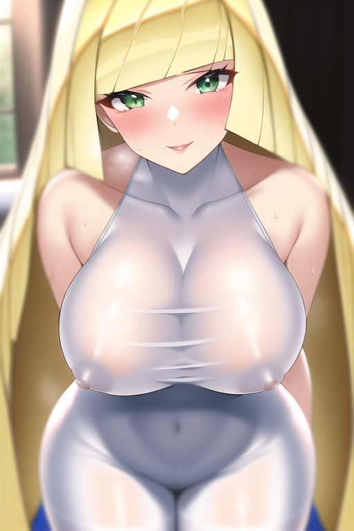 1girls, ai generated, alternate breast size, blonde hair, blush, breasts, female, game freak, green eyes, hips, huge breasts, indoors, long hair, lusamine (pokemon), mature female, milf, mommy, mother, nai diffusion, nintendo, pokemon, pokemon sm, slim waist, stable diffusion, sweat, sweaty body, thick thighs, thighs, tight clothing, tight fit, white clothing, wide hips