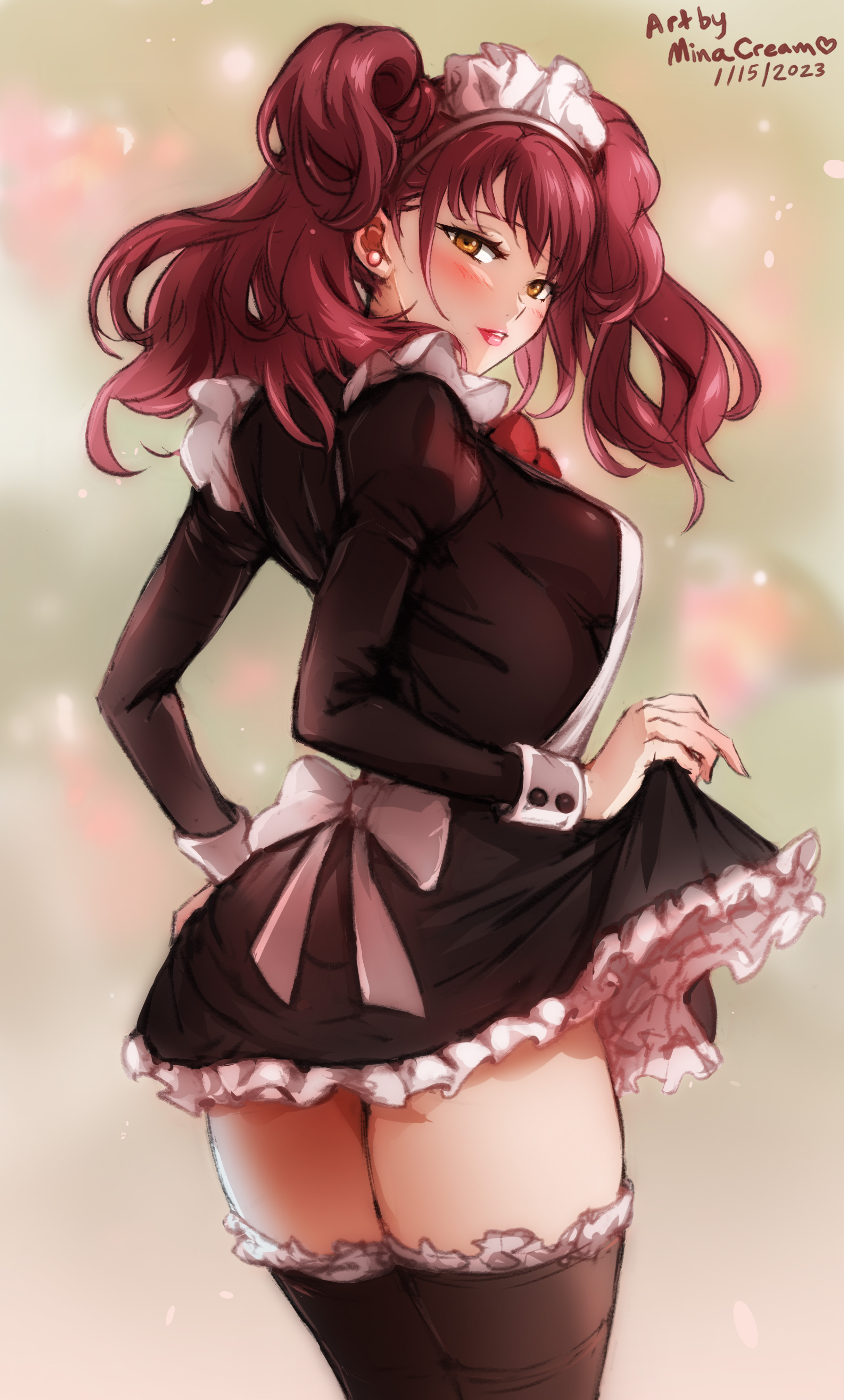 1girls, 2020s, 2023, blush, brown hair, female, female only, highres, kujikawa rise, looking at viewer, looking back, maid, maid headdress, maid uniform, minacream, persona, persona 4, skirt lift, solo, thighhighs, thighs, twintails