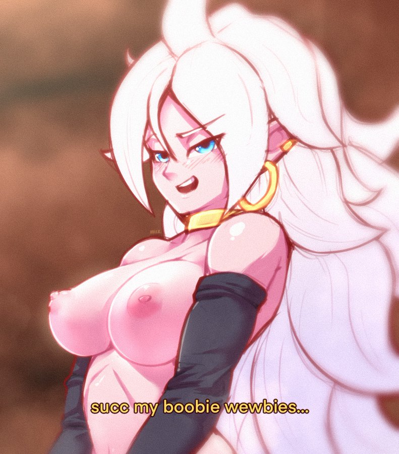 android 21, android 21 (good), bare shoulders, bio-android (dragon ball), blue eyes, breasts, dragon ball, dragon ball fighterz, female, jewelry, looking at viewer, majin, majin android 21, mrmlix, pink skin, tagme, white hair