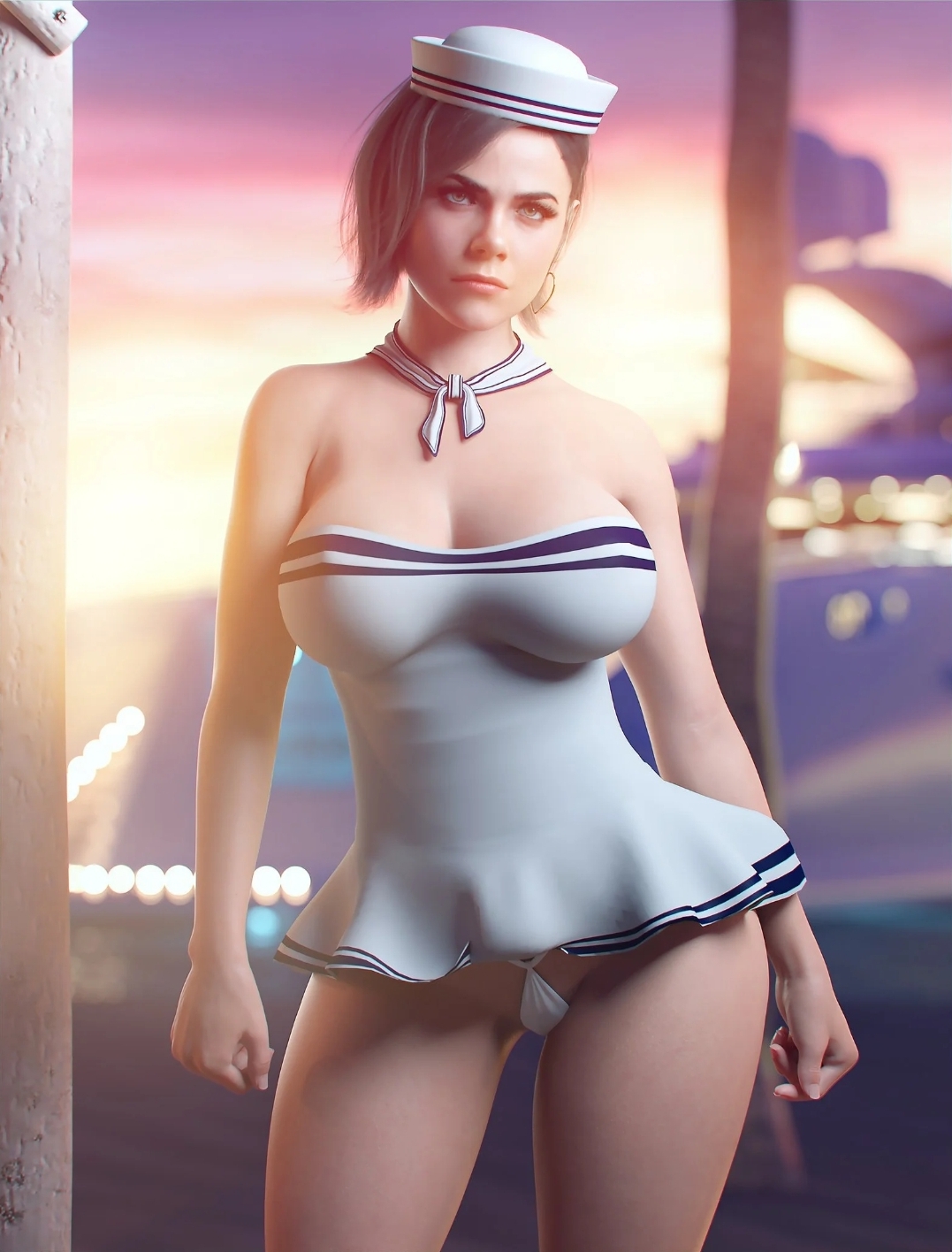 1girls, 3d, black hair, breasts, call of duty, call of duty black ops cold war, clothed, clothed female, female, female only, frown, helen park (cod), noahgraphicz, sailor hat, sailor uniform, solo, solo female