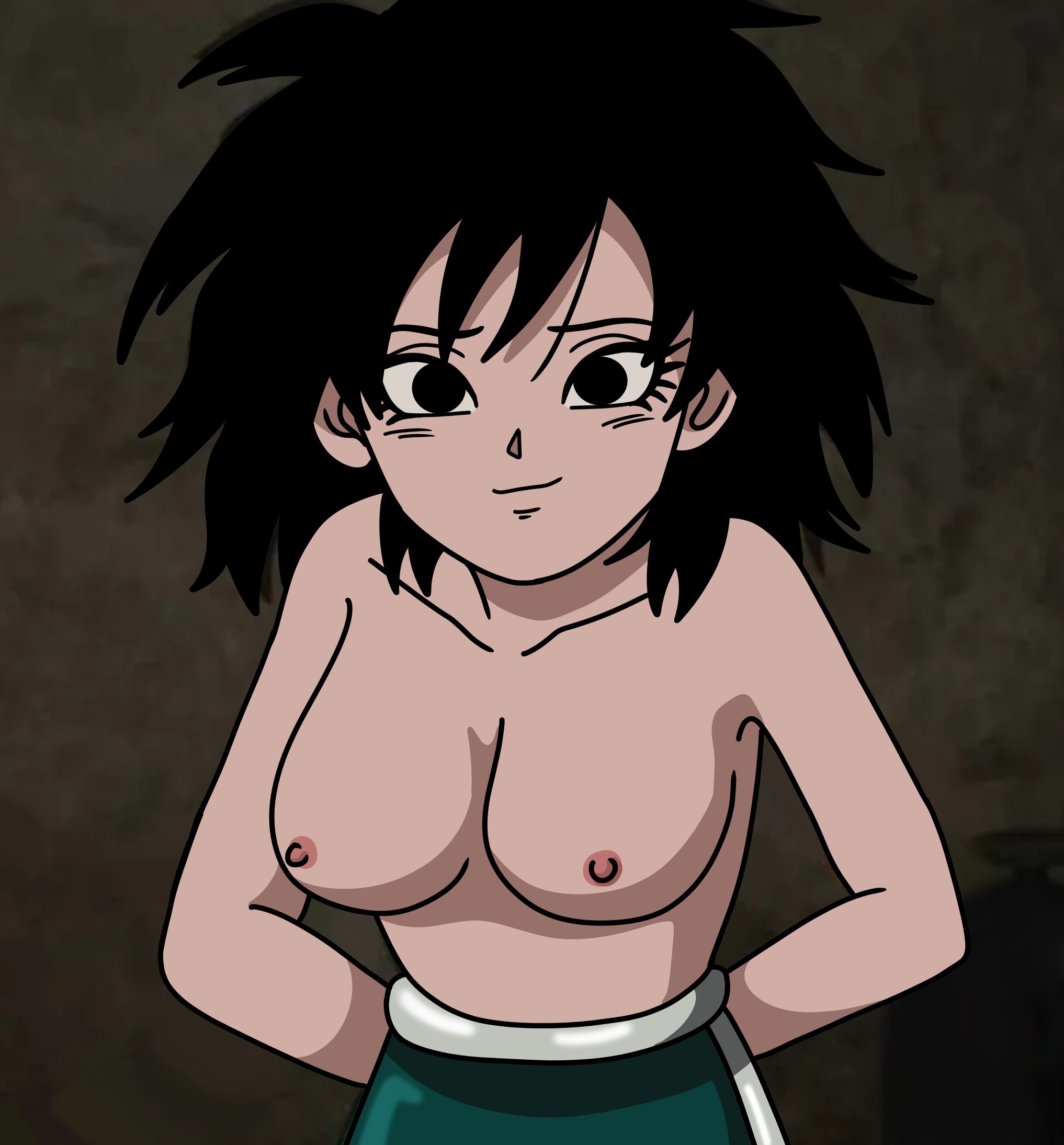 big breasts, black hair, blue fire artist, breasts, cindy toons, dragon ball, erect nipples, female, gine, long hair, milf, nipples, no bra, saiyan, saiyan female, smile, solo, topless