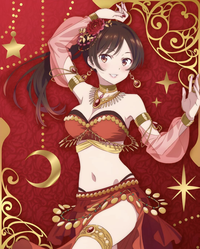 1girls, belly dancer, belly dancer outfit, breasts, dancer, dancer outfit, dancing, female, femsub, harem girl, harem outfit, jewelry, kanojo okarishimasu, large breasts, mizuhara chizuru, revealing clothes, slave, slave girl, solo