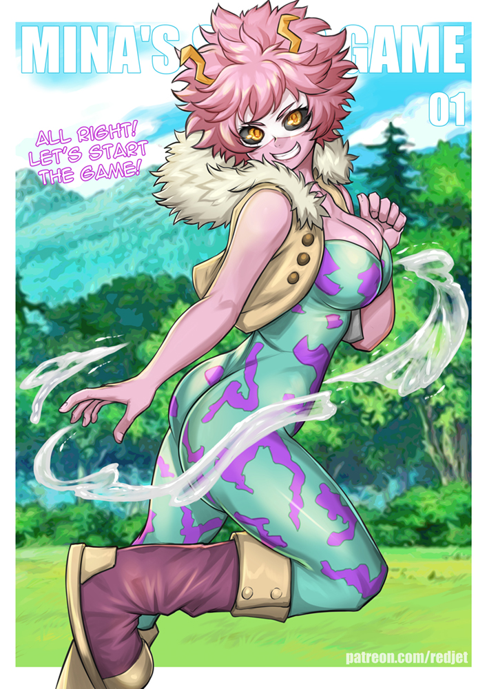 1girls, ass, black sclera, bodysuit, boots, breasts, brown jacket, character name, colored sclera, colored skin, english text, female, from side, fur trim, fur-trimmed jacket, green bodysuit, grin, hand up, hero outfit (mha), horns, jacket, large breasts, looking at viewer, mina ashido, my hero academia, outdoors, part 1, pink footwear, pink hair, pink skin, pink-haired female, redjet, short hair, smile, solo, strip game, teeth, tree, watermark, web address, yellow eyes